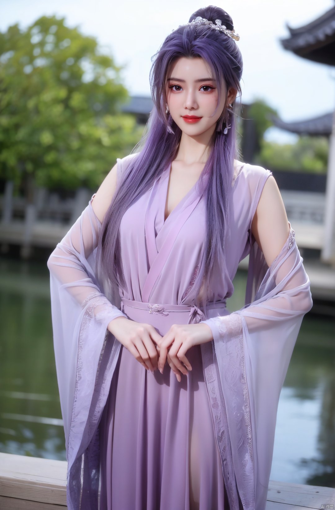  cowboy_shot,(Good structure), DSLR Quality,Depth of field,kind smile,looking_at_viewer,Dynamic pose, 
yunxiao, 1girl, purple hair, long hair, hair ornament, , solo, dress, earrings, jewelry, hair bun, Yunxiao_Fairy, hanfu, Water_butterfly