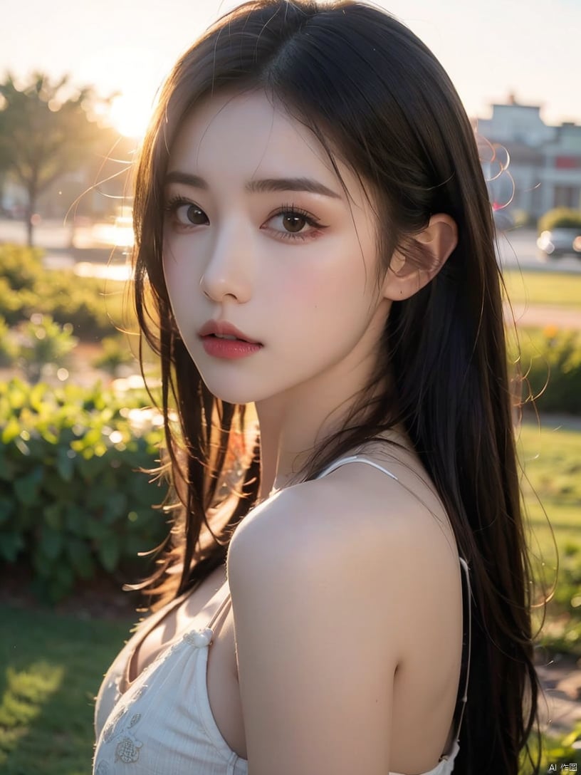  Best quality,masterpiece,ultra high res,photorealistic,raw photo,unity 8k wallpaper,panorama,cinematic lighting,on grass,sunset,dappled sunlight,golden hour lighting,backlighting,blurry background,(lens flare),wind,pastel colors,soft light,1girl,sad,upper body,black hair,straight_hair,(long hair:1.1),