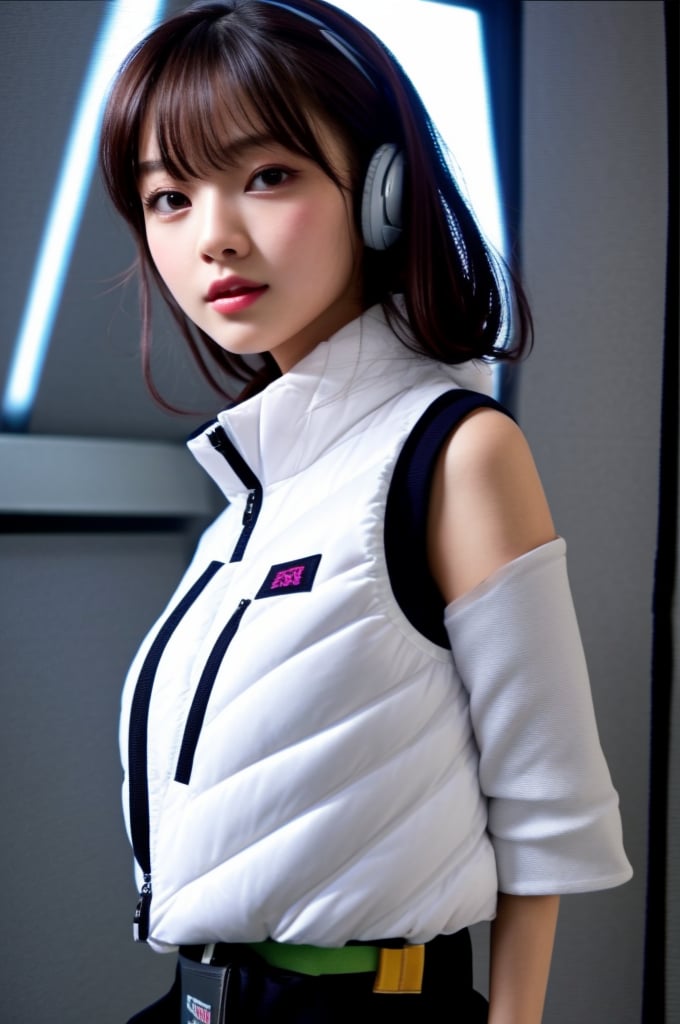 (((masterpiece))), (((best quality))), Best picture quality, high resolution, 8k, realistic, sharp focus, realistic image of elegant lady, Japanese beauty, supermodel, girl, standing, BREAK (black sleeves):1000,(black long tightfit sleeves) :1000,black belt, BREAK (headphone):10 (white astrovest):100, (white astrovest):2,northface downvest,BREAK inside space station,inside futiristic spacecraft ,space,galaxy,BREAK light brown hair, long hair, green eyes, side-swept bangs, sideburns, phone, (wet body:1.0), sunlight, sweat, helf body, shoes removed, Head tilt, untucked, Profile, (high quality:1.0), (white background:0.8), detailed face, (blush:1.0), 1 girl, Young beauty spirit, perfect light, Detailedface, big eyes, Sharp Eyess, perfect eyes , Smirk, Detailed face, dreaming back ground, photo of perfecteyes eyes,tnf_jacket,astrovest,bing_astronaut,,,,<lora:659111690174031528:1.0>