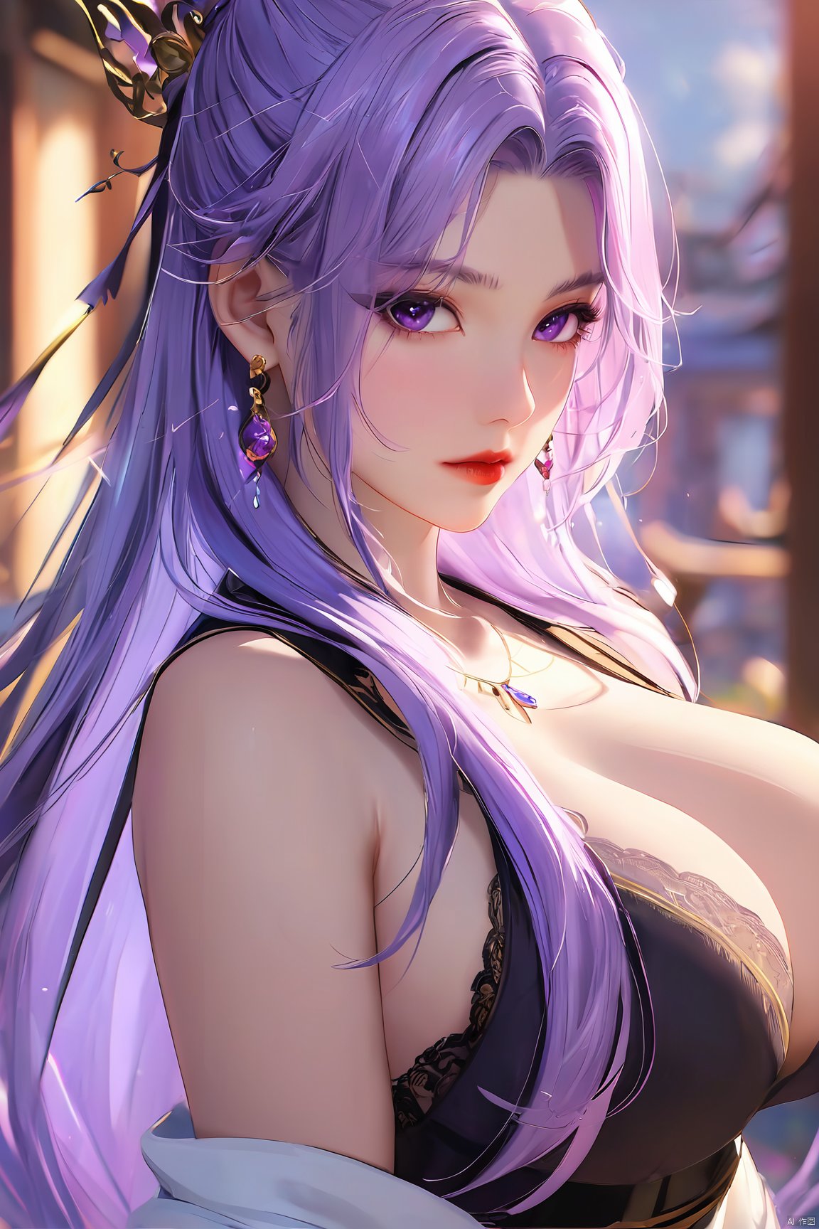  best quality,masterpiece,Yunxiao_Fairy,1girl,solo,long hair,looking at viewer,jewelry,closed mouth,purple eyes,upper body,purple hair,earrings,blurry,blurry background,sunlight,red lips,(big breasts:1.39), 