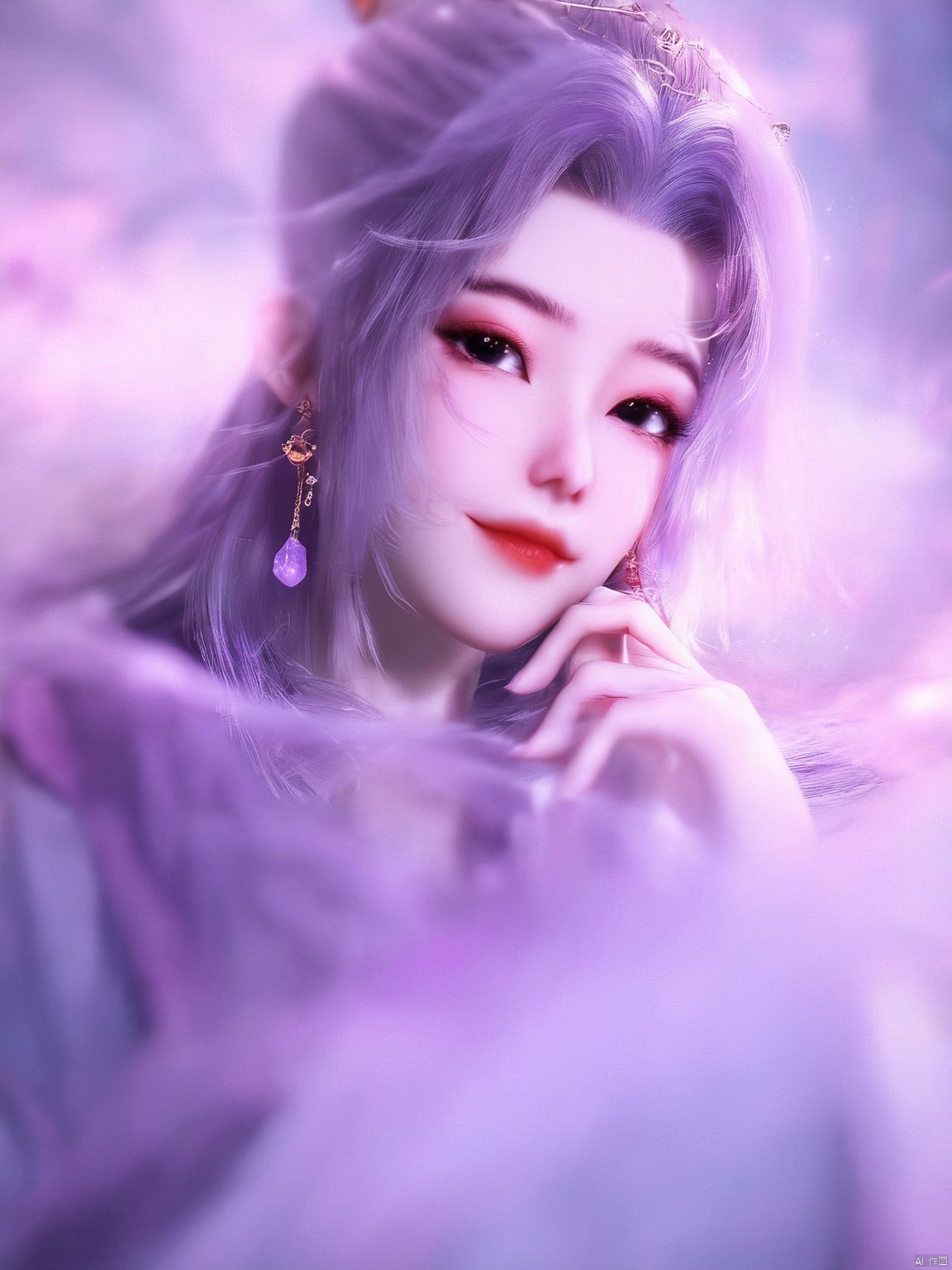  best quality,masterpiece,Yunxiao_Fairy,1girl,solo,long hair,looking at viewer,jewelry,closed mouth,purple eyes,upper body,purple hair,earrings,blurry,blurry background,sunlight,red lips,(big breasts:1.69)