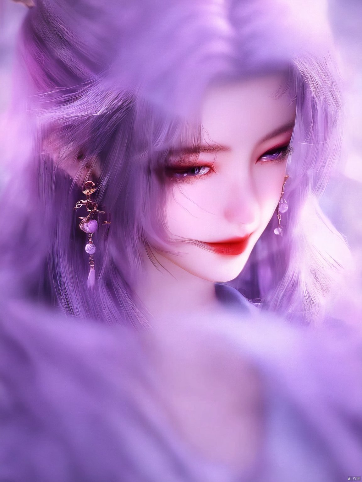  best quality,masterpiece,Yunxiao_Fairy,1girl,solo,long hair,looking at viewer,jewelry,closed mouth,purple eyes,upper body,purple hair,earrings,blurry,blurry background,sunlight,red lips,(big breasts:1.69)