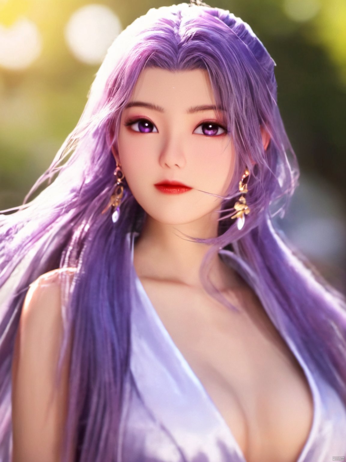  best quality,masterpiece,Yunxiao_Fairy,1girl,solo,long hair,looking at viewer,jewelry,closed mouth,purple eyes,upper body,purple hair,earrings,blurry,blurry background,sunlight,red lips,(big breasts:1.39)