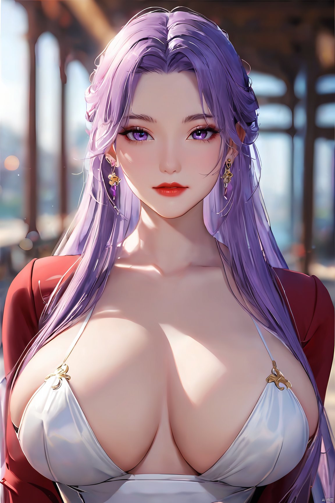  best quality,masterpiece,Yunxiao_Fairy,1girl,solo,long hair,looking at viewer,jewelry,closed mouth,purple eyes,upper body,purple hair,earrings,blurry,blurry background,sunlight,red lips,(big breasts:1.39), 