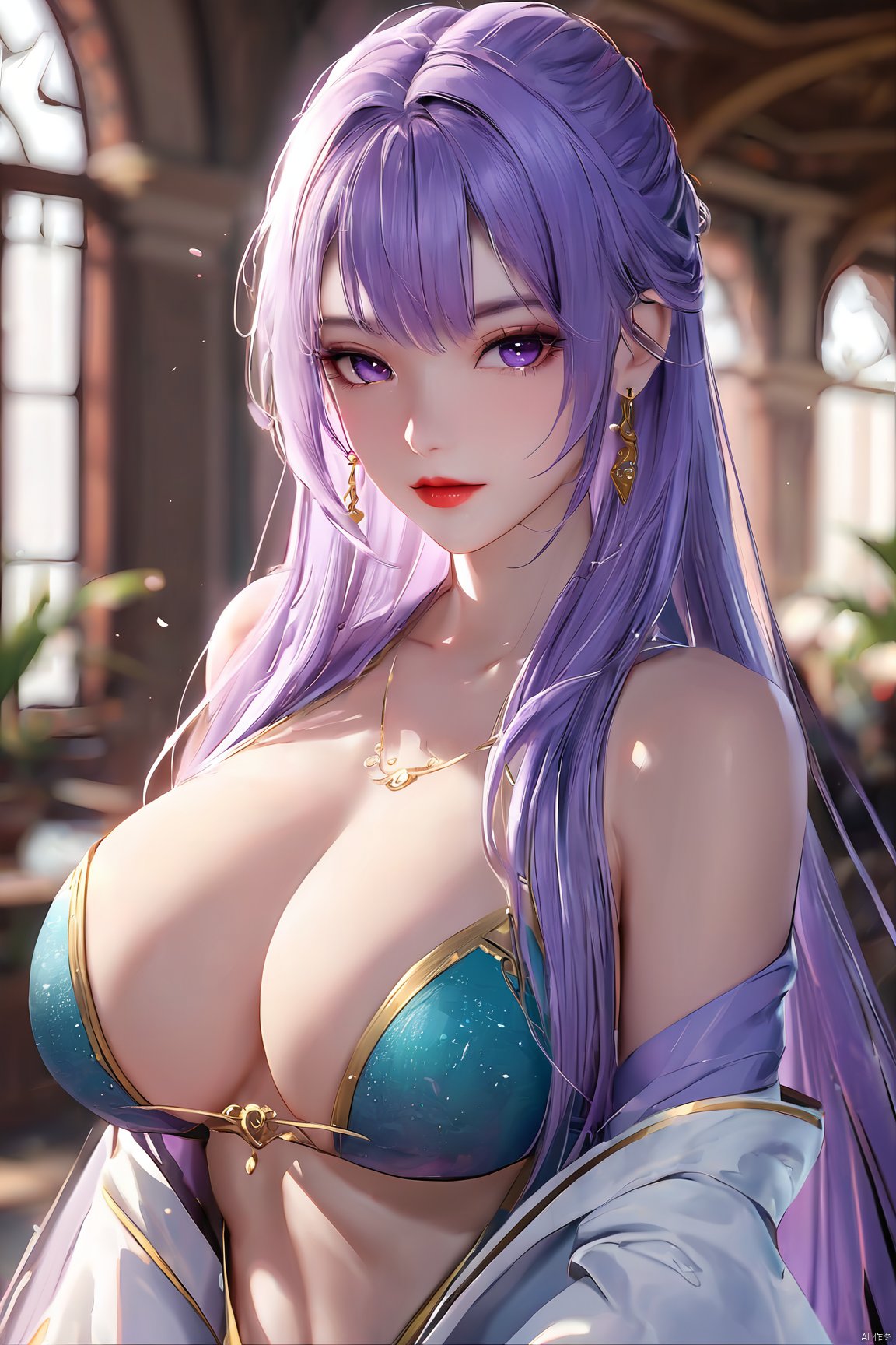  best quality,masterpiece,Yunxiao_Fairy,1girl,solo,long hair,looking at viewer,jewelry,closed mouth,purple eyes,upper body,purple hair,earrings,blurry,blurry background,sunlight,red lips,(big breasts:1.39), 