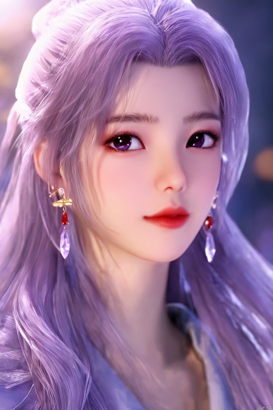  best quality,masterpiece,Yunxiao_Fairy,1girl,solo,long hair,looking at viewer,jewelry,closed mouth,purple eyes,upper body,purple hair,earrings,blurry,blurry background,sunlight,red lips,(big breasts:1.39), 