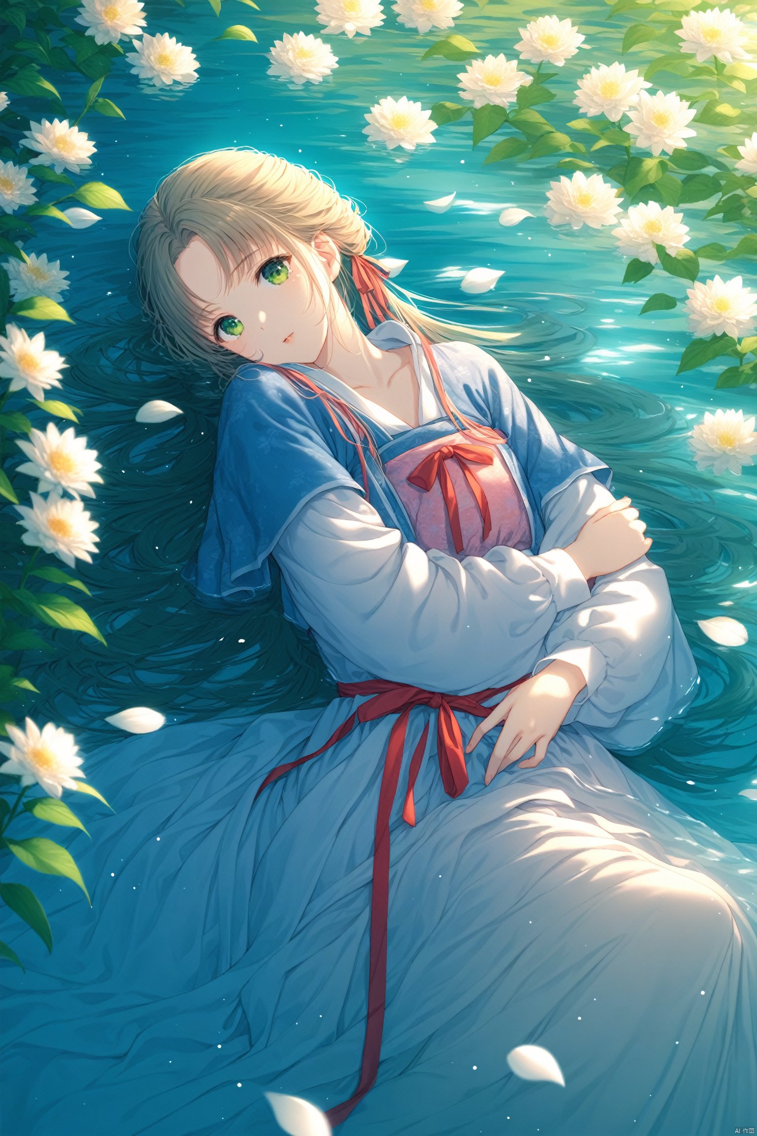  masterpiece,best quality,illustration,ultra detailed,hdr,Depth of field,(colorful),hanfu,1girl,solo,flower,long hair,green eyes,water,white flower,lying,looking at viewer,parted bangs,dress,long sleeves,petals,on side,partially submerged,ribbon,