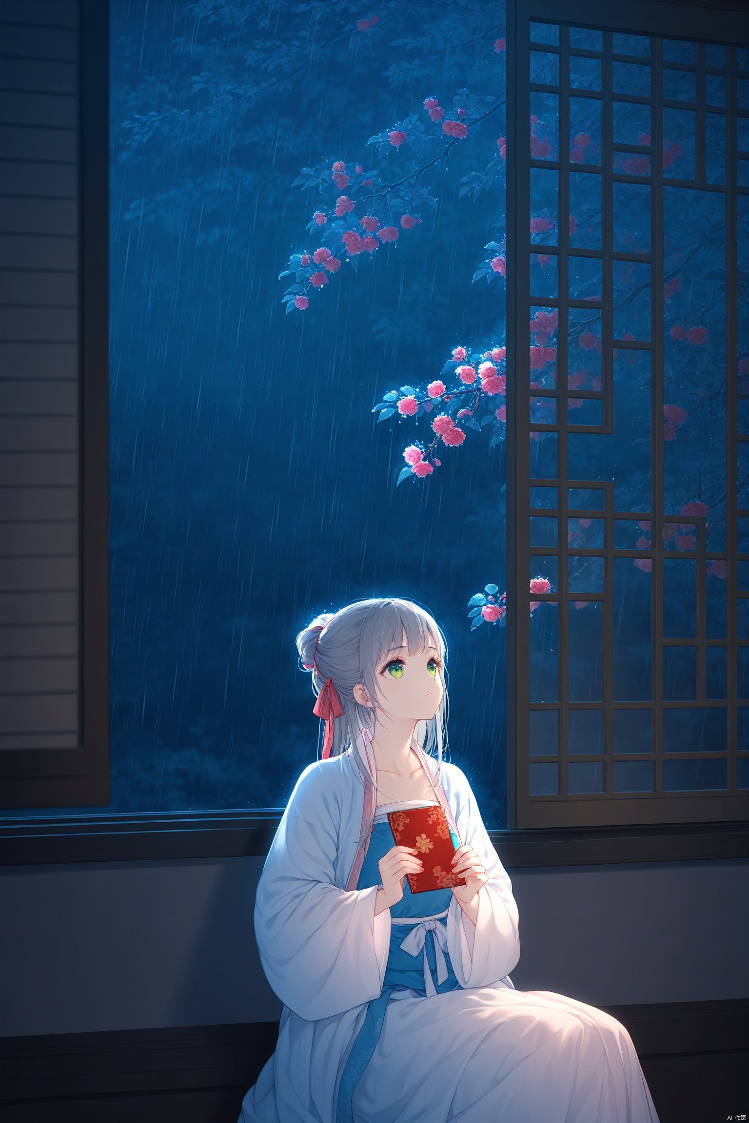 masterpiece,best quality,illustration,ultra detailed,hdr,Depth of field,(colorful),hanfu,1girl,solo,green eyes,chinese clothes,rain,flower,window,night,wide sleeves,ribbon,long sleeves,grey hair,long hair,hair ribbon,indoors,branch,collarbone,looking up,holding,sitting,closed mouth,