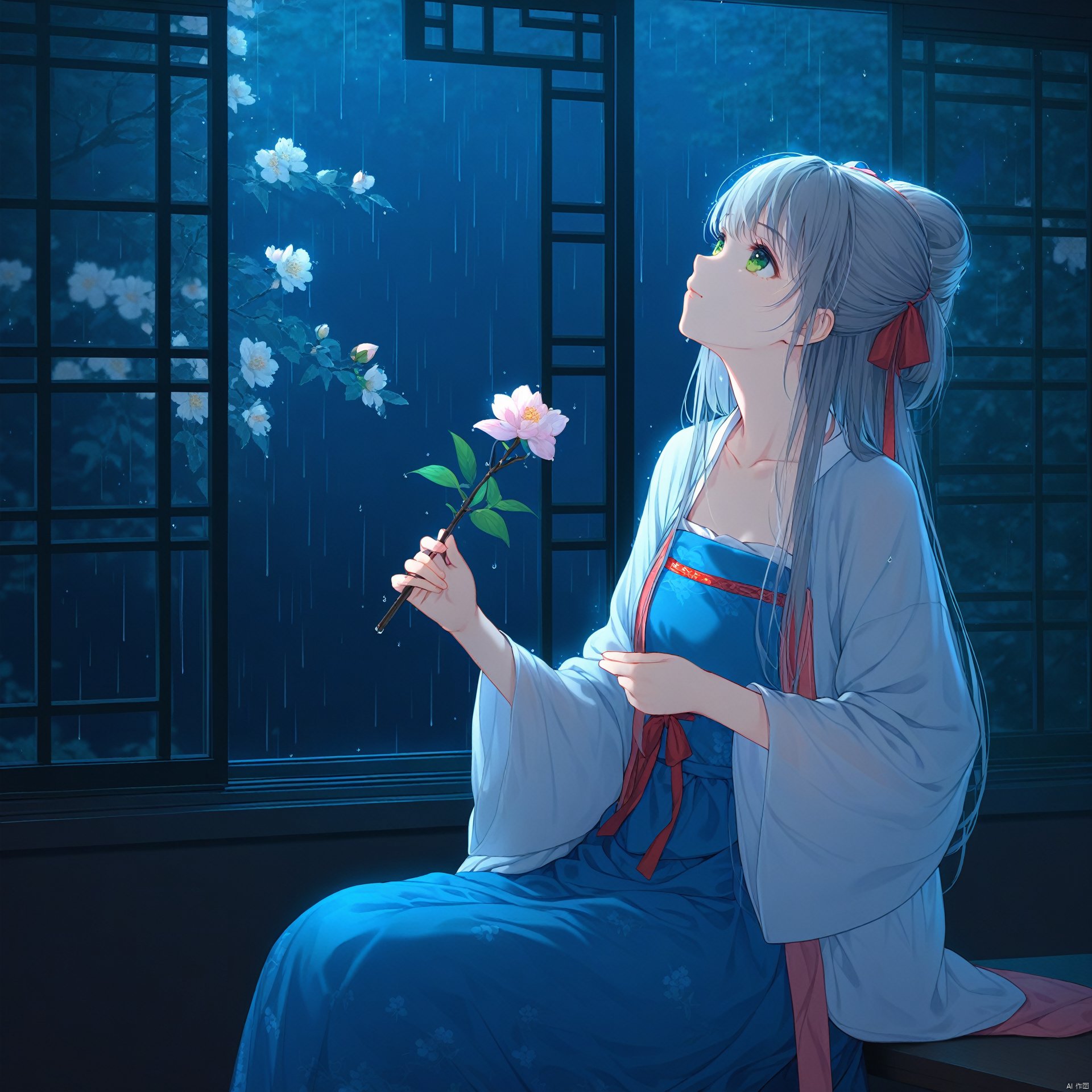 masterpiece,best quality,illustration,ultra detailed,hdr,Depth of field,(colorful),hanfu,1girl,solo,green eyes,chinese clothes,rain,flower,window,night,wide sleeves,ribbon,long sleeves,grey hair,long hair,hair ribbon,indoors,branch,collarbone,looking up,holding,sitting,closed mouth,