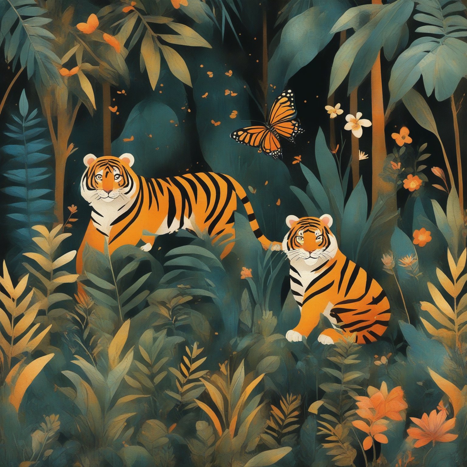 A vibrant and colorful jungle scene. Dominating the scene are three tigers, each with distinct patterns and colors. One tiger is orange with black spots, another is a mix of orange and white, and the third is a pale orange with black stripes. Surrounding the tigers are various tropical plants, trees, and flora. There are also small creatures like a sloth hanging from a tree and a butterfly fluttering around. The overall ambiance of the image is playful and whimsical, with a harmonious blend of nature and animals