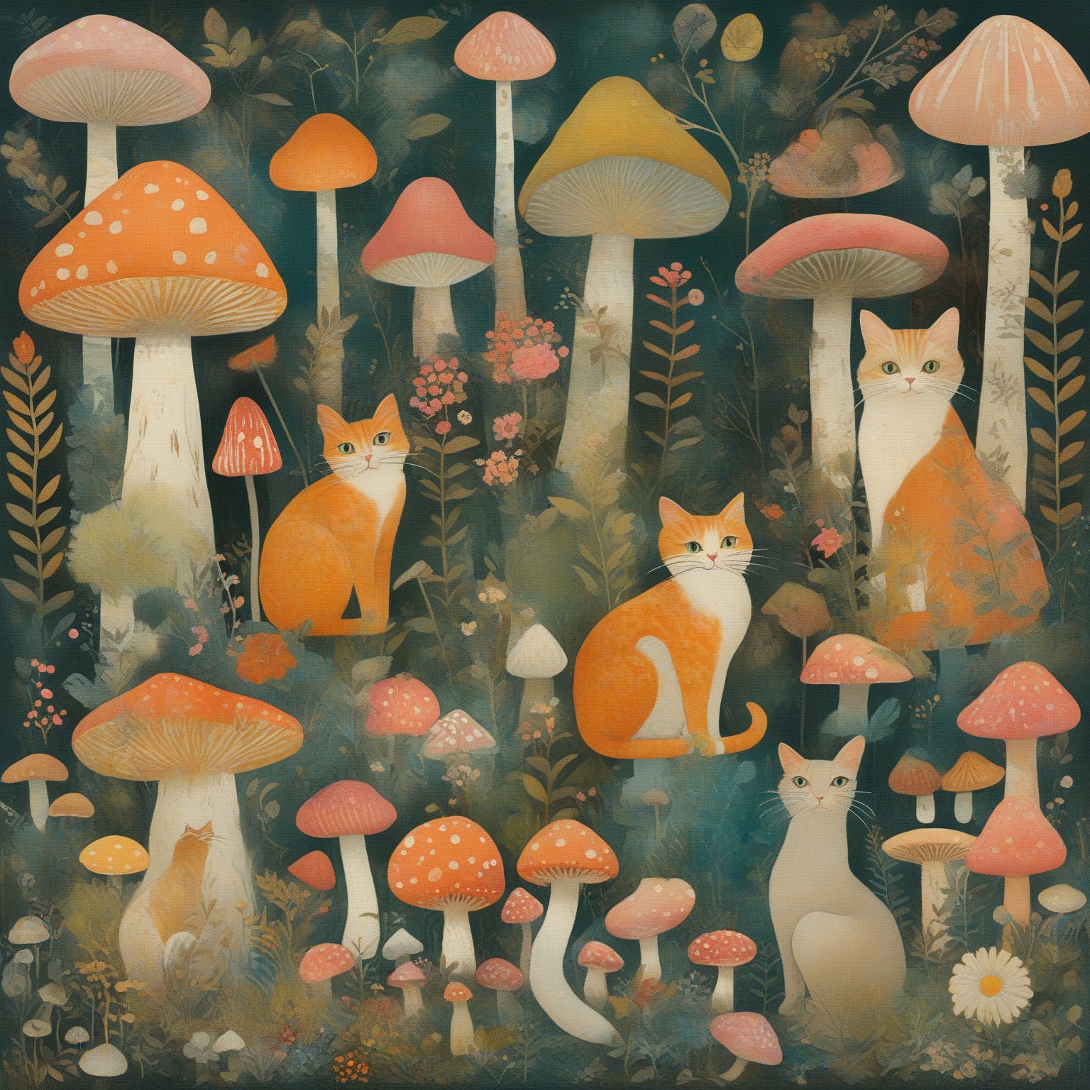 A whimsical forest scene with four cats of varying colors and designs. They are surrounded by a myriad of objects, including mushrooms, flowers, trees, and other flora. The cats are positioned in different areas, with one sitting on a mushroom, another standing amidst the flowers, and the other two resting on the forest floor. The color palette is vibrant, with shades of orange, pink, white, and green dominating the scene. The overall ambiance is playful and magical.