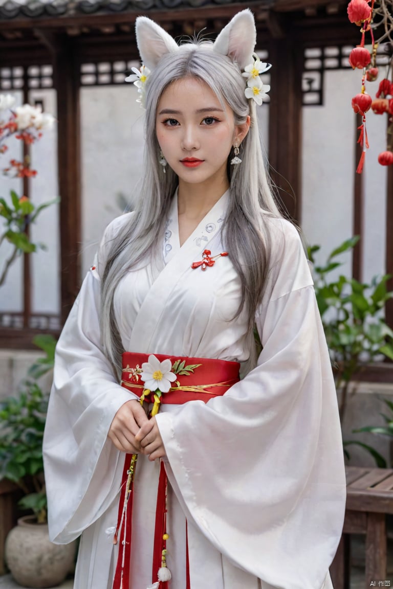  1girl, solo, long hair, breasts, looking at viewer, hair ornament, long sleeves, dress, animal ears, jewelry, very long hair, standing, flower, white hair, earrings, hair flower, wide sleeves, necklace, animal ear fluff, sash, chinese clothes, white flower, shawl, hanfu