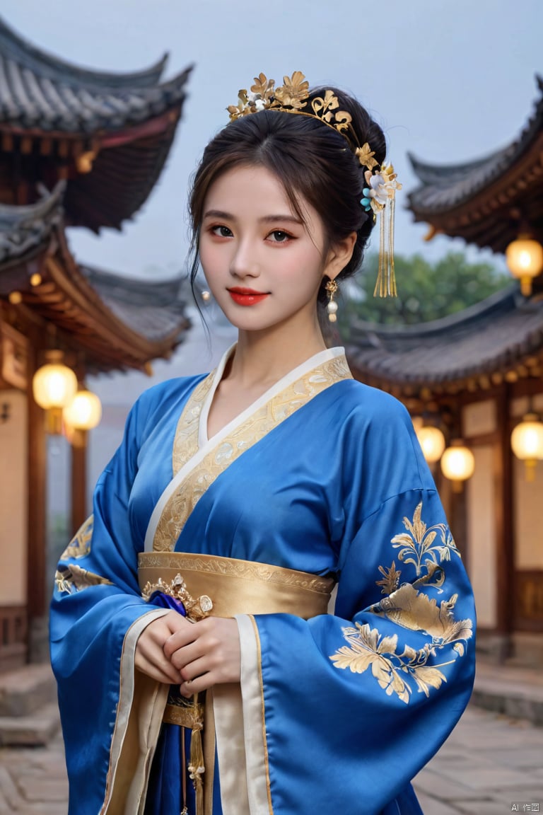  HUBG_Rococo_Style(loanword), 1girl, hanfu, Portrait of noble and graceful goddess, dressed in blue and gold, elaborate coiffure hairstyle, dark hair, decoration, 16K, UHD, HDR, Brilliant scene with bright lights, mist, numerous decorations, joyful atmosphere, light smile,HDR, IMAX, 8K resolutions, ultra resolutions, magnificent, best quality, masterpiece,cinematic scenes, cinematic shots, cinematic lighting, volumetric lighting, ultra-detailed, hubg_beauty_girl