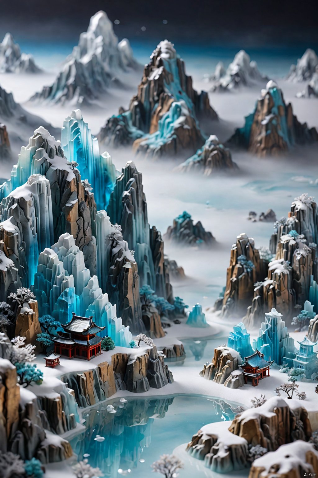 Miniature landscape, Chinese Tang Dynasty landscape painting, Zen aesthetics, Zen composition, Chinese architectural complex, transparent quartz crystal, X-ray crystallography, colored glaze, snow, luminescence, cyan light, ice silk fiber, macro lens, rich light, luminous mountains, mountains, clouds and mist, depth of field, extreme detail, incomparable detail, fine detail