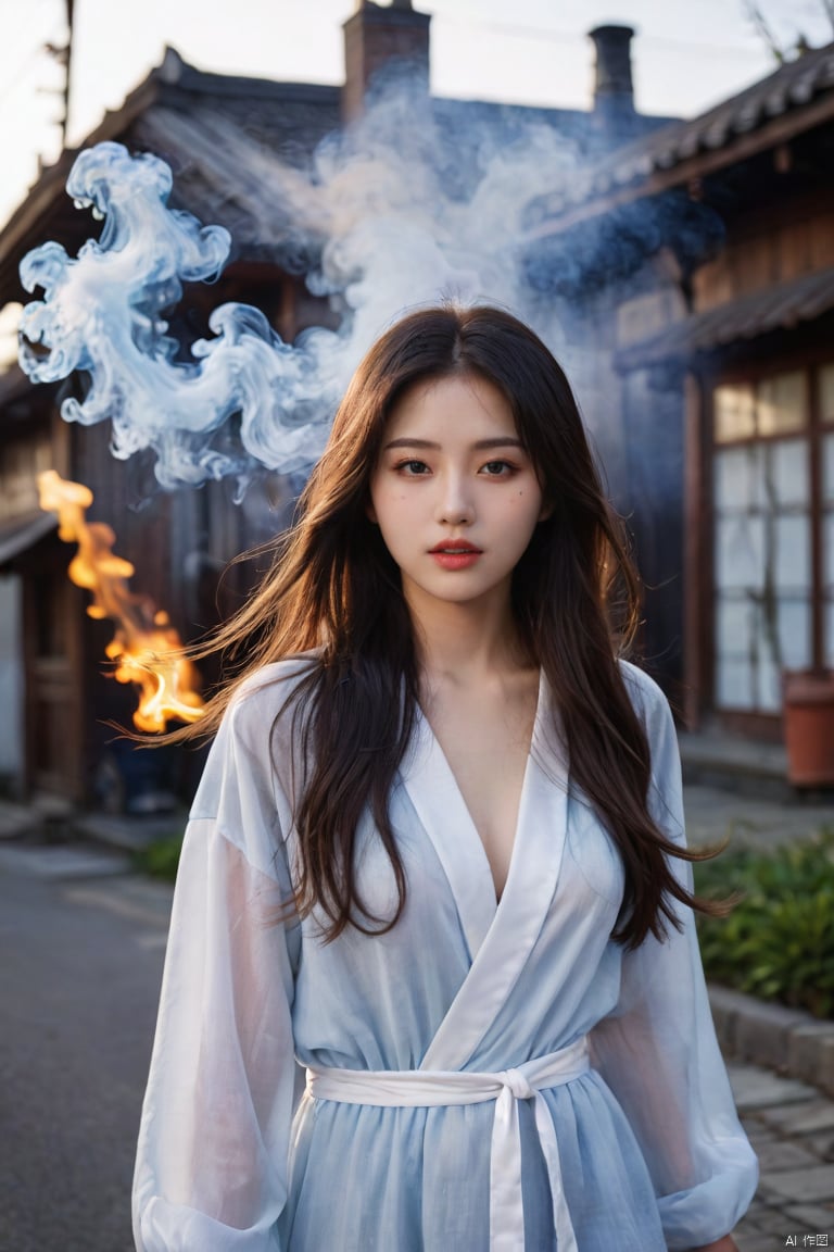  (ultra realistic,best quality),photorealistic,Extremely Realistic, in depth, cinematic light,hubggirl,glowing, robe, (fog,:1.2) (mist:1.2), smoke, girl composed of white light, girl composed of black smoke, fire, sun, hubggirl, large breasts, long hair, solo, (photorealistic:1.4), cowboy shot, cinematic angle, fisheye, motion blur, sexly, shoujo kitou-chuu,blue fire, frie rain, Long hair fluttering in the wind,wave,dynamic poses, particle effects,perfect hands, perfect lighting, vibrant colors, surreal dramatic lighting shadow (lofi, analog),intricate details, high detailed skin,intricate background, realism, realistic, raw, analog, taken by Canon EOS,SIGMA Art Lens 35mm F1.4,ISO 200 Shutter Speed 2000,Vivid picture,