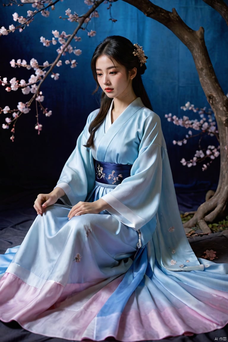  (ultra realistic,best quality),photorealistic,Extremely Realistic, in depth, cinematic light,hubggirl,a woman in a blue period dress sitting on the ground,traditional attire,hanfu,cherry blossoms,serene expression,seated pose,ethereal lighting,black background,flowing fabric,reflective surface,high contrast,gentle gaze,soft makeup,pastel colors,blurred petals falling,cultural,fantasy ambiance,elegance,grace,historical costume,fabric draping,photoshoot,artistic composition,side lighting,blue gradient dress,tranquil atmosphere,delicate accessories,hair ornaments.,dynamic poses, particle effects,perfect hands, perfect lighting, vibrant colors, surreal dramatic lighting shadow (lofi, analog), intricate details, high detailed skin,intricate background, realism, realistic, raw, analog, taken by Canon EOS,SIGMA Art Lens 35mm F1.4,ISO 200 Shutter Speed 2000,Vivid picture,