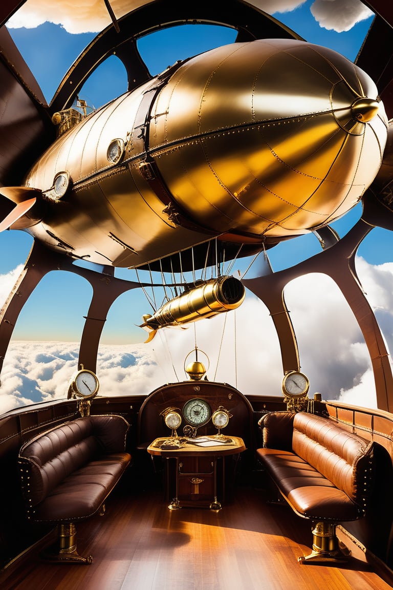 A steampunk adventure aboard a majestic airship. High above the clouds, the airship sails through the sky, propelled by massive steam-powered engines and guided by intricate navigation systems. Crew members clad in leather aviator jackets and brass goggles man the controls, while passengers relax in luxurious cabins adorned with velvet upholstery and polished brass fittings.