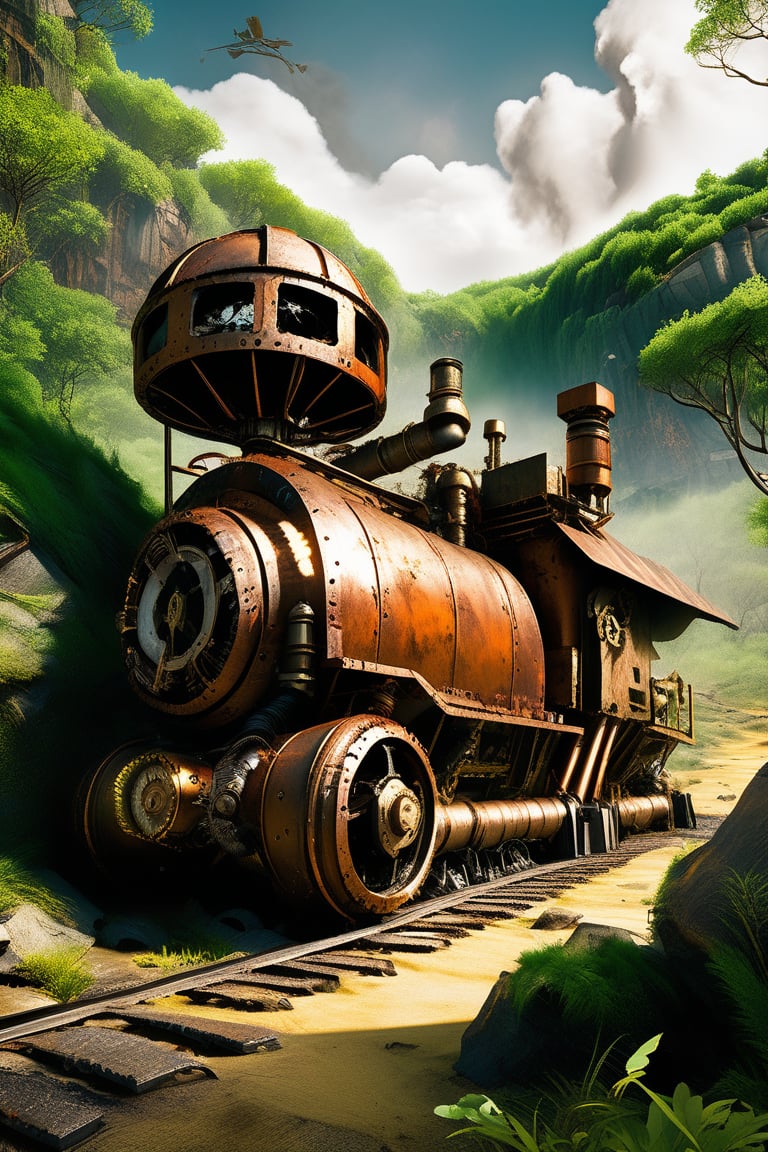 A post-apocalyptic steampunk world, where technology and nature intertwine. In the foreground, rusted remnants of a bygone era litter the landscape, juxtaposed against the lush greenery of nature reclaiming its territory. Survivors clad in makeshift steampunk armor scavenge for resources amidst the ruins, while steam-powered vehicles traverse the rugged terrain, forging a new path in this dystopian future.