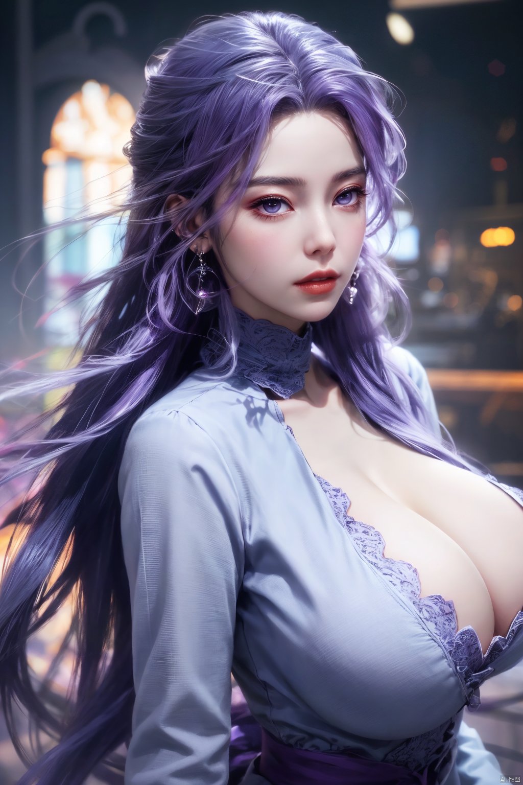 best quality,masterpiece,Yunxiao_Fairy,1girl,solo,long hair,looking at viewer,jewelry,closed mouth,purple eyes,upper body,purple hair,earrings,blurry,blurry background,sunlight,red lips,(big breasts:1.59)