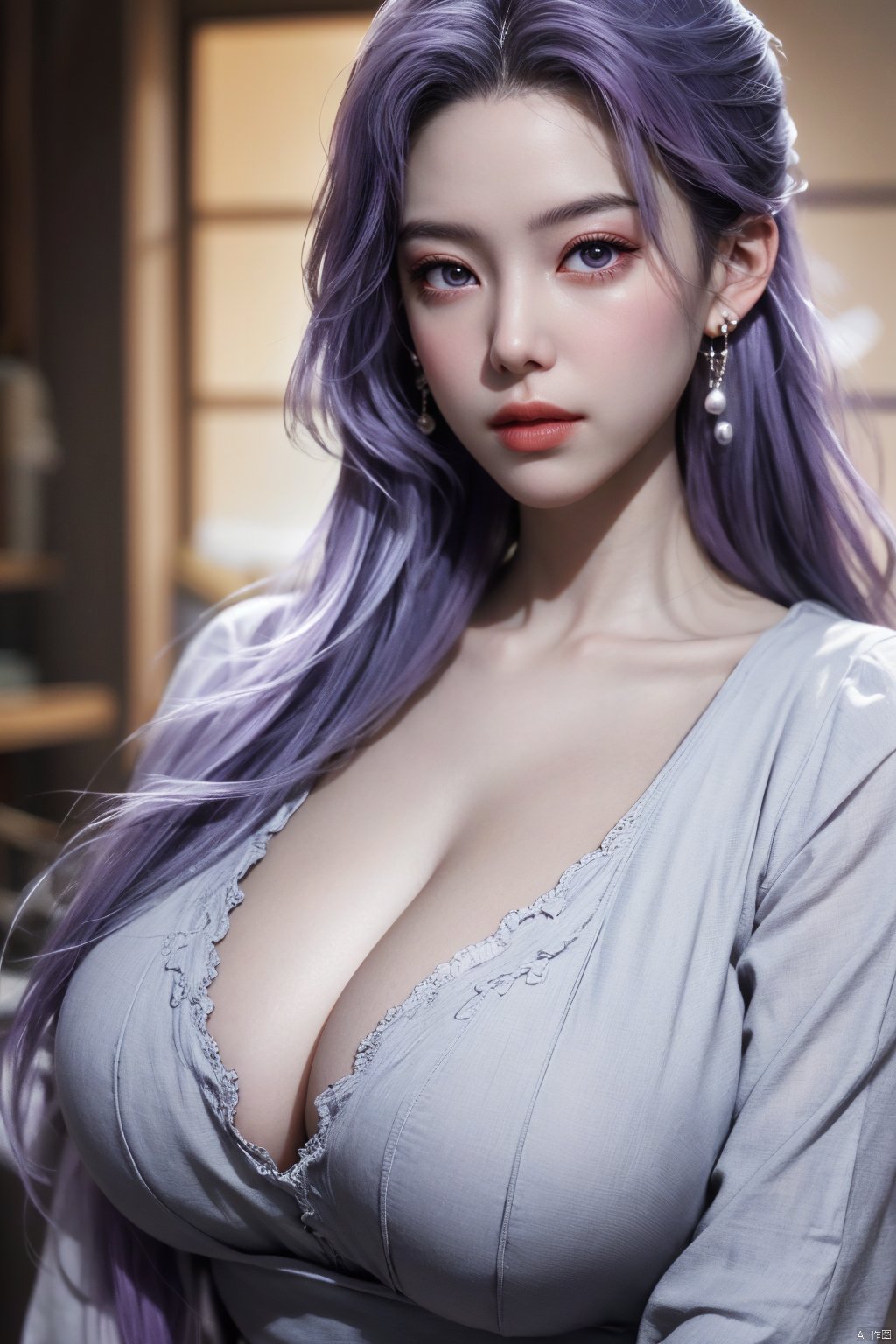 best quality,masterpiece,Yunxiao_Fairy,1girl,solo,long hair,looking at viewer,jewelry,closed mouth,purple eyes,upper body,purple hair,earrings,blurry,blurry background,sunlight,red lips,(big breasts:1.59)