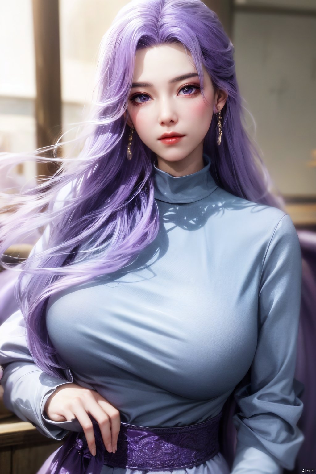 best quality,masterpiece,Yunxiao_Fairy,1girl,solo,long hair,looking at viewer,jewelry,closed mouth,purple eyes,upper body,purple hair,earrings,blurry,blurry background,sunlight,red lips,(big breasts:1.59)