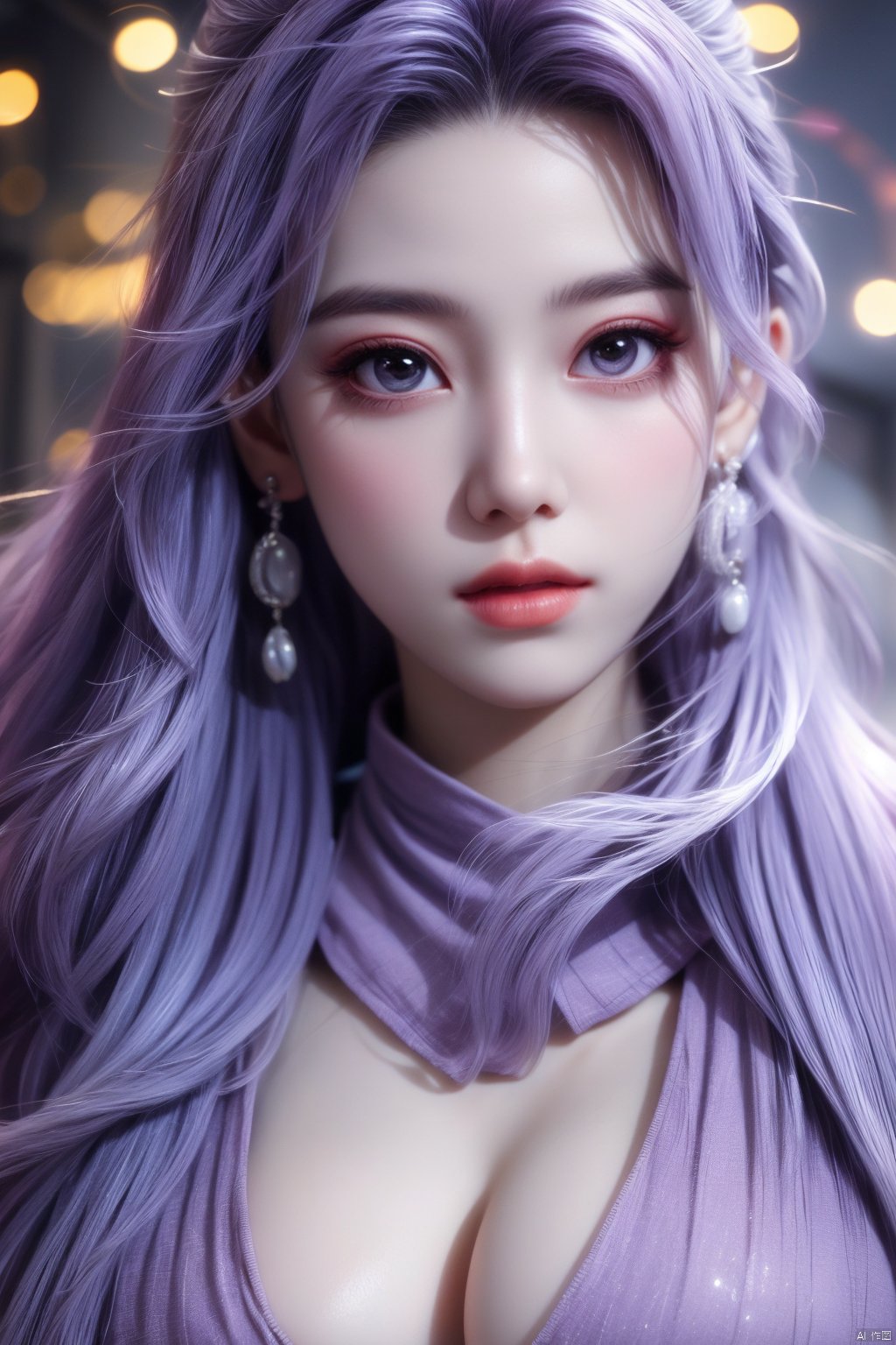 best quality,masterpiece,Yunxiao_Fairy,1girl,solo,long hair,looking at viewer,jewelry,closed mouth,purple eyes,upper body,purple hair,earrings,blurry,blurry background,sunlight,red lips,(big breasts:1.59)