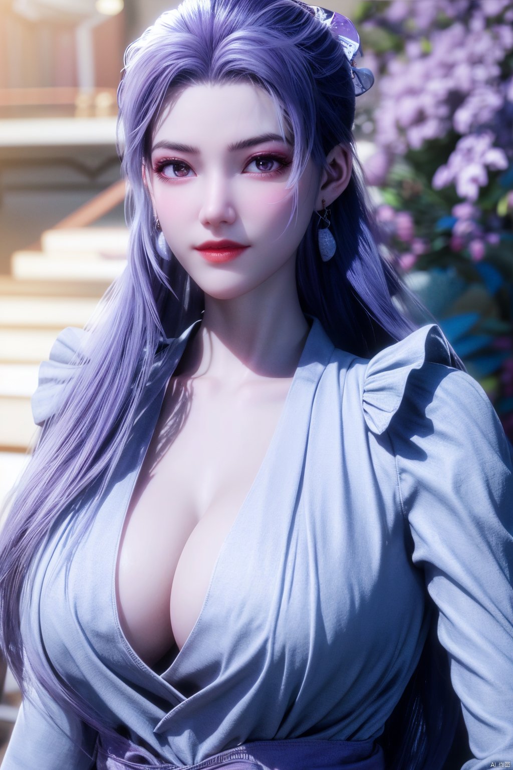 best quality,masterpiece,Yunxiao_Fairy,1girl,solo,long hair,looking at viewer,jewelry,closed mouth,purple eyes,upper body,purple hair,earrings,blurry,blurry background,sunlight,red lips,(big breasts:1.59)