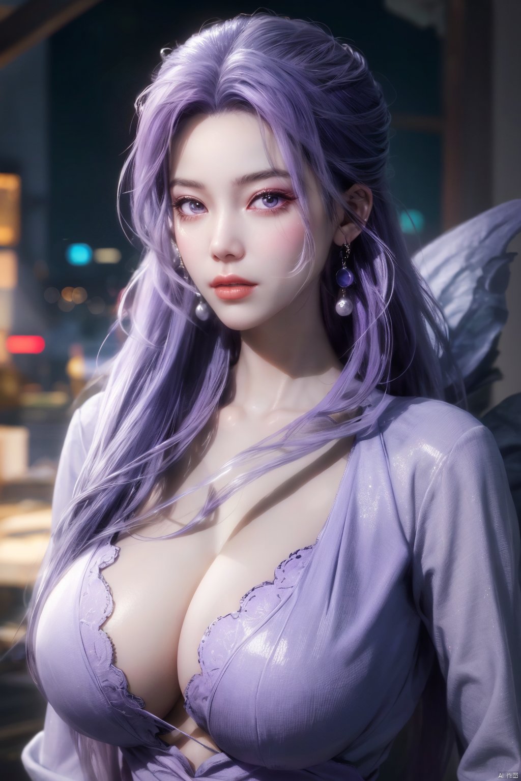 best quality,masterpiece,Yunxiao_Fairy,1girl,solo,long hair,looking at viewer,jewelry,closed mouth,purple eyes,upper body,purple hair,earrings,blurry,blurry background,sunlight,red lips,(big breasts:1.59)