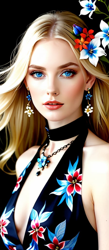 Generate hyper realistic image of a woman with long blonde hair adorned with a delicate hair flower. Her piercing blue eyes gaze directly at the viewer, accentuated by elegant earrings and a subtle choker. She wears a floral-print dress, complemented by exquisite jewelry that includes a necklace and a black choker. With closed lips, she exudes an air of grace and poise, framed by a background adorned with blooming flowers.,sexylala49407520