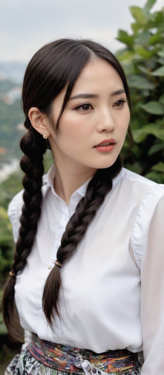 Generates a surreal image of a Taiwanese woman with long brown-black hair, braided into a braid, standing outdoors during the day.  She has a pair of black eyes and looks at the audience with her mouth closed.  She wore a long-sleeved white shirt with a funky print, paired with a white skirt.  She wore her hair loose around her shoulders and wore earrings, a bracelet and a shoulder bag, b3rli.,sexylala49407520