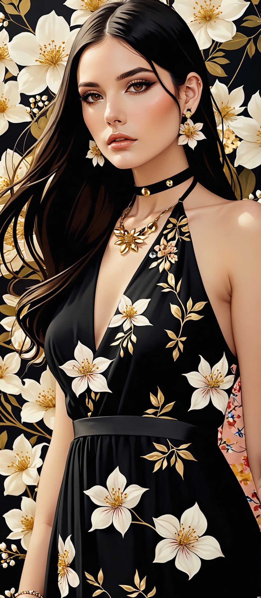 Generates a surreal image of a woman with long brown-black hair decorated with delicate hair flowers. Her piercing dark eyes look directly at the viewer, accentuated by elegant earrings and a delicate choker. She wore a floral print dress and accessorized with delicate jewelry, including a necklace and gold choker. She pursed her lips tightly, exuding elegance and calmness against the background of blooming flowers.,sexylala49407520