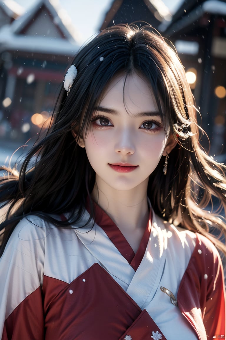 cinematic photo ,Best quality , (masterpiece:1.2) , cinematic photo,1girl,A beautiful girl in red hanfu, Standing in the wind andsnow, long hair blown by the wind,snow in the sky , upperbody,snowing,snowy day,in winter ,motion blur ,(happy:1.1),(smile:1.1),close-up,(face focus:1.1),front view ,35mm photograph, film, bokeh, professional, 4k, highly detailed,helgirls, 