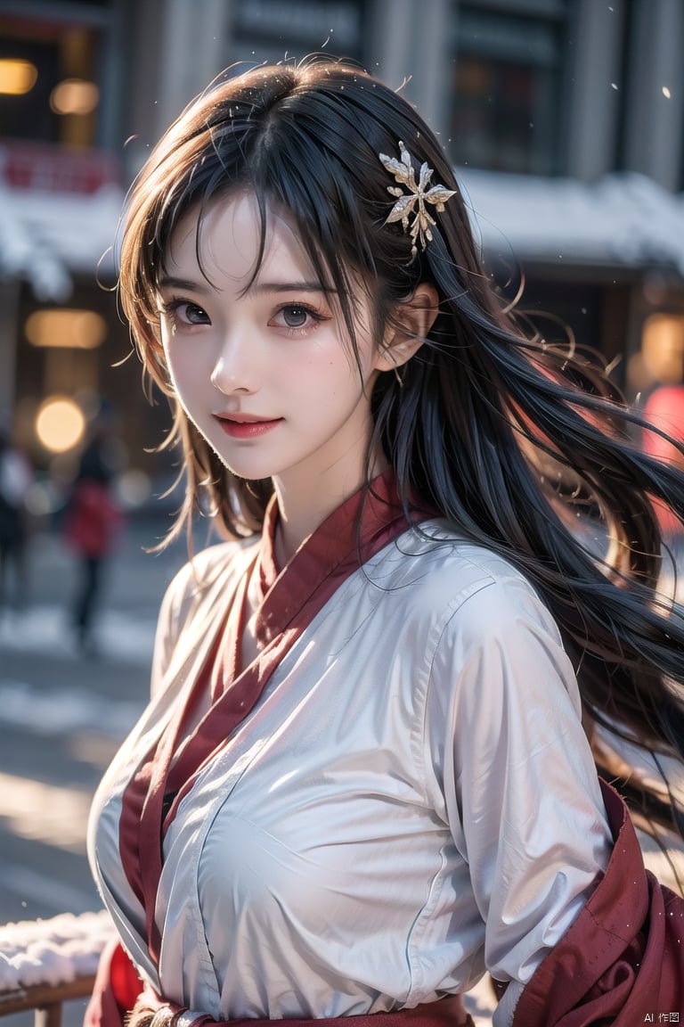 cinematic photo ,Best quality , (masterpiece:1.2) , cinematic photo,1girl,A beautiful girl in red hanfu, Standing in the wind andsnow, long hair blown by the wind,snow in the sky , upperbody,snowing,snowy day,in winter ,motion blur ,(happy:1.1),(smile:1.1),close-up,(face focus:1.1),front view ,35mm photograph, film, bokeh, professional, 4k, highly detailed,helgirls, , 1 girl