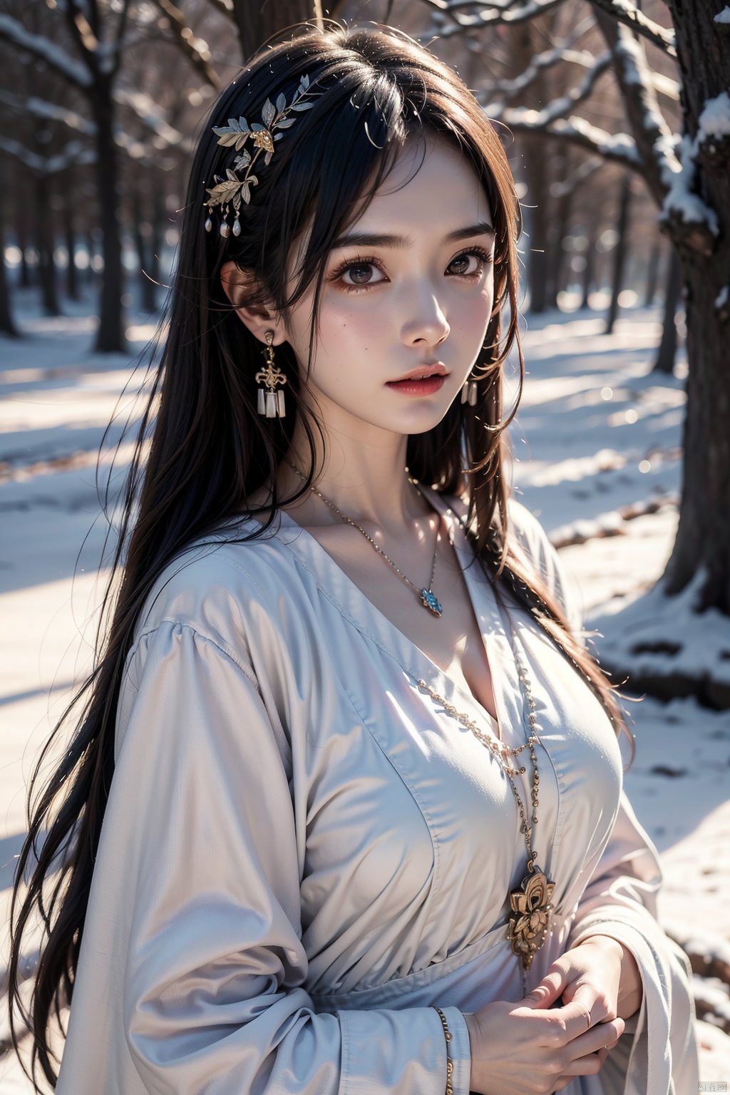  (best quality), ((masterpiece)), (highres), illustration, original, extremelydetailed,licg, 1girl, snow, black hair, solo, upper body, long hair, hair ornament, dress, jewelry, earrings, tree, snowing, white dress, winter, chinese clothes, licg, concept art