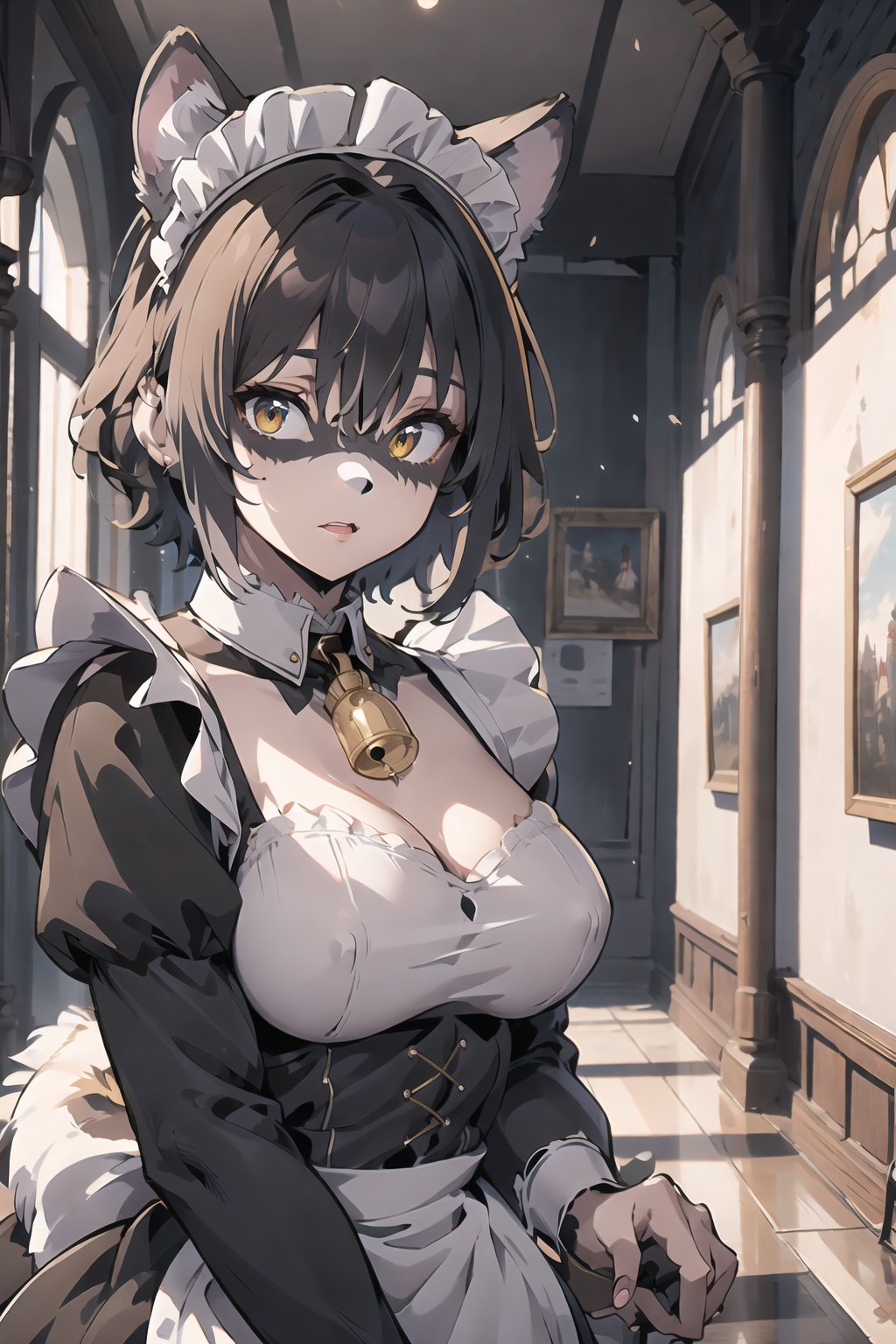 (masterpiece),illustration,best quality,highres,ultra-detailed,ray tracing,finely detailed,best detailed,Clear picture,intricate details,highlight,
photography,realistic, photorealistic,anime,

gothic architecture,
looking at viewer,

OPM_170_monstergirl, animal ears, golden eyes, tail, collar, bell, hooves, short hair,digitigrade,Chibi,
(maid outfit:1.5),