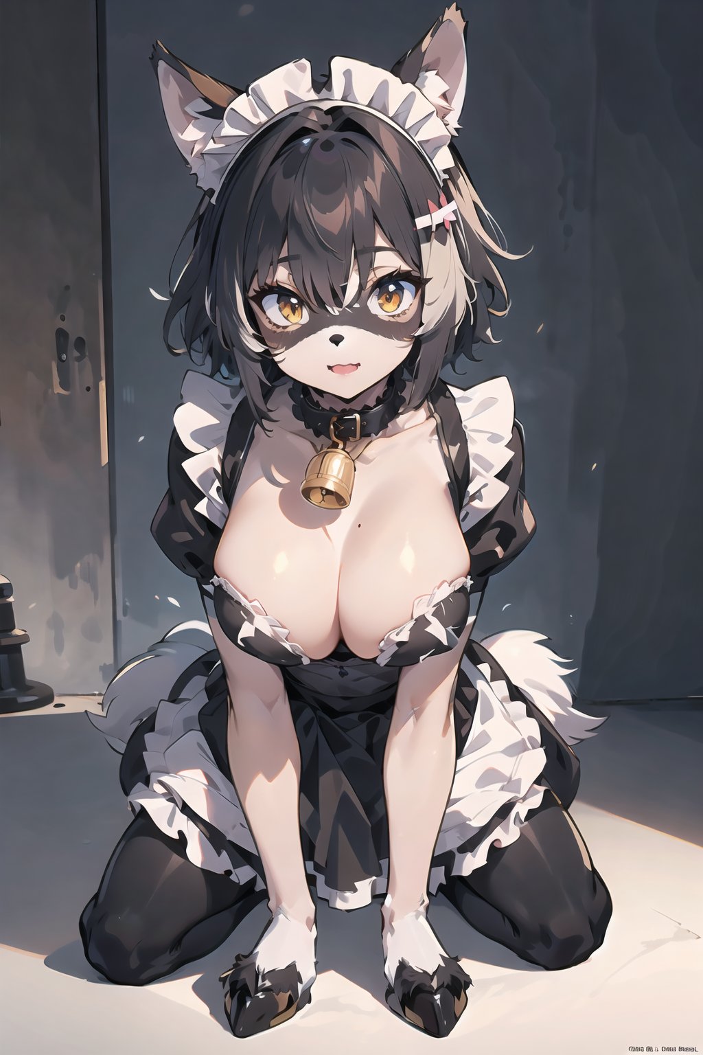 (masterpiece),illustration,best quality,highres,ultra-detailed,ray tracing,finely detailed,best detailed,Clear picture,intricate details,highlight,
photography,realistic, photorealistic,anime,

gothic architecture,
looking at viewer,

OPM_170_monstergirl, animal ears, golden eyes, tail, collar, bell, hooves, short hair,digitigrade,Chibi,
(maid outfit:1.5),