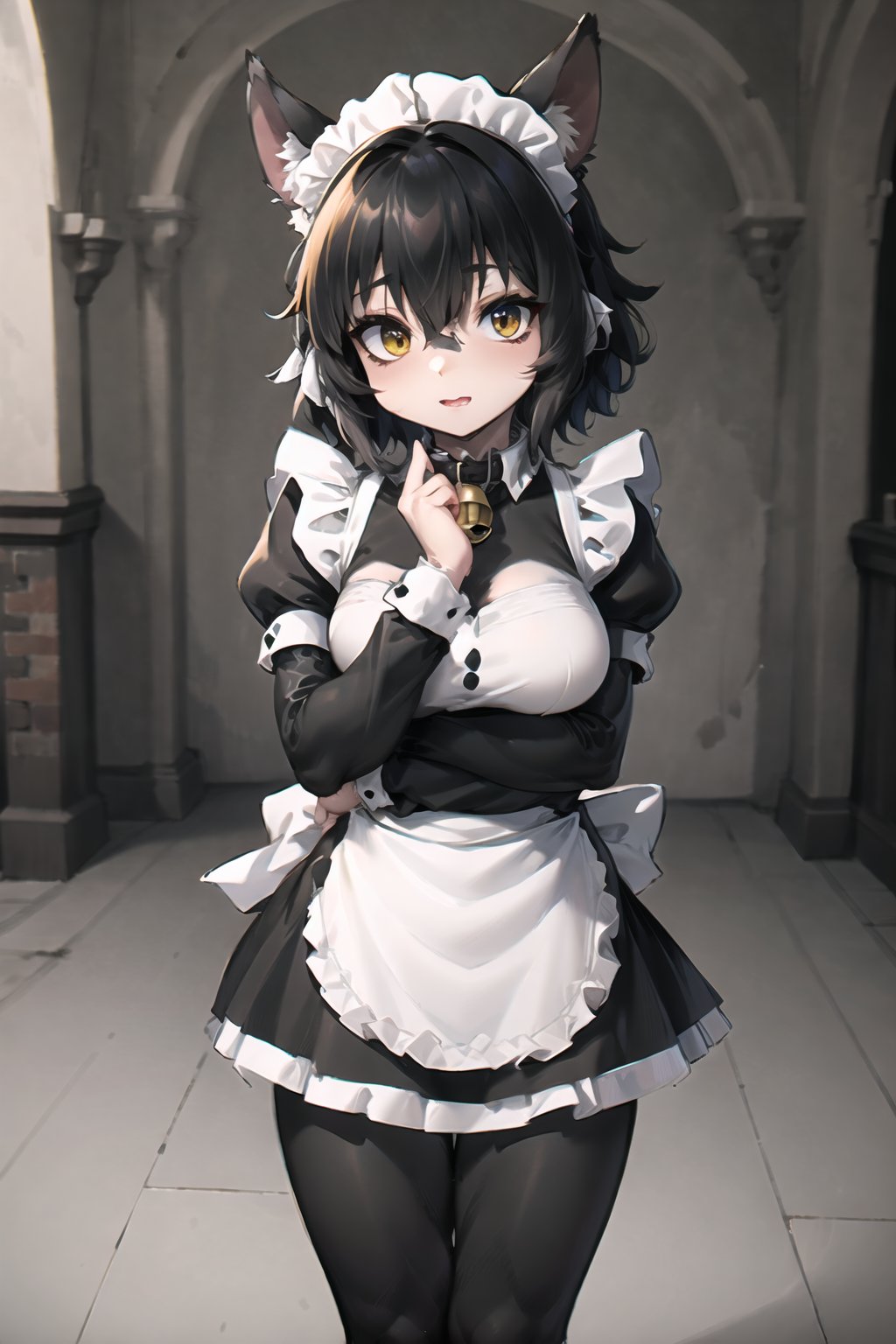 (masterpiece),illustration,best quality,highres,ultra-detailed,ray tracing,finely detailed,best detailed,Clear picture,intricate details,highlight,
photography,realistic, photorealistic,anime,

gothic architecture,
looking at viewer,

OPM_170_monstergirl, animal ears, golden eyes, tail, collar, bell, hooves, short hair,digitigrade,Chibi,
(maid outfit:1.5),