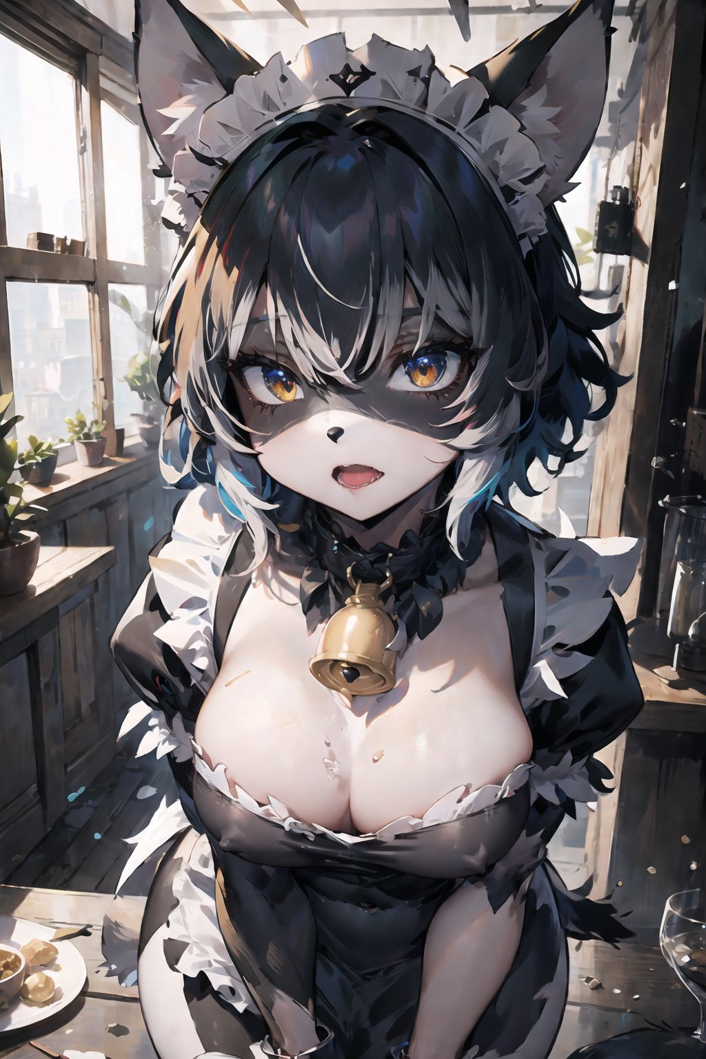 (masterpiece),illustration,best quality,highres,ultra-detailed,ray tracing,finely detailed,best detailed,Clear picture,intricate details,highlight,
photography,realistic, photorealistic,anime,

gothic architecture,
looking at viewer,

OPM_170_monstergirl, animal ears, golden eyes, tail, collar, bell, hooves, short hair,digitigrade,Chibi,
(maid outfit:1.5),