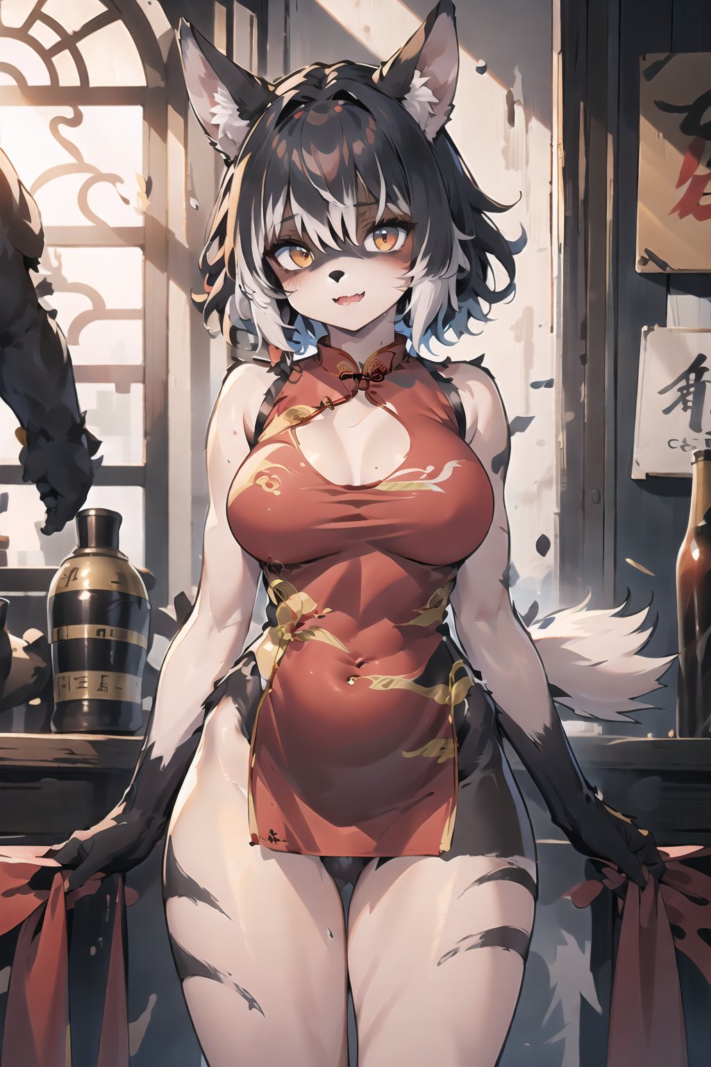 (masterpiece),illustration,best quality,highres,ultra-detailed,ray tracing,finely detailed,best detailed,Clear picture,intricate details,highlight,
photography,realistic, photorealistic,anime,

gothic architecture,
looking at viewer,

OPM_170_monstergirl, animal ears, golden eyes, tail, collar, bell, hooves, short hair,digitigrade,Chibi,
(red_cheongsam:1.5),
cowboy shot,