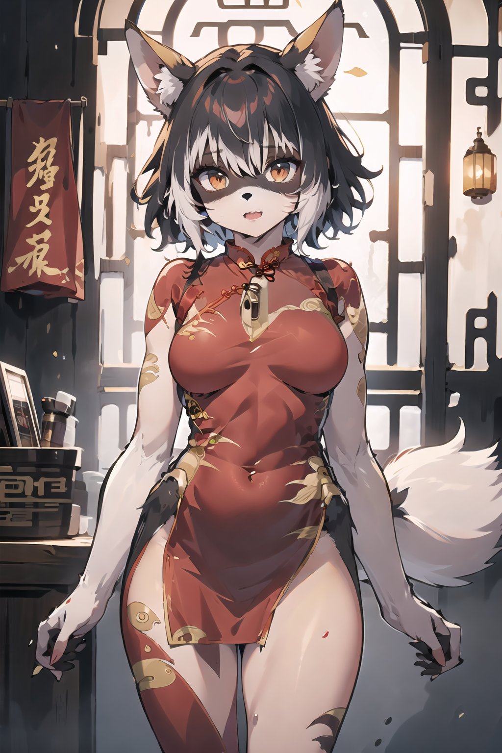 (masterpiece),illustration,best quality,highres,ultra-detailed,ray tracing,finely detailed,best detailed,Clear picture,intricate details,highlight,
photography,realistic, photorealistic,anime,

gothic architecture,
looking at viewer,

OPM_170_monstergirl, animal ears, golden eyes, tail, collar, bell, hooves, short hair,digitigrade,Chibi,
(red_cheongsam:1.5),
cowboy shot,