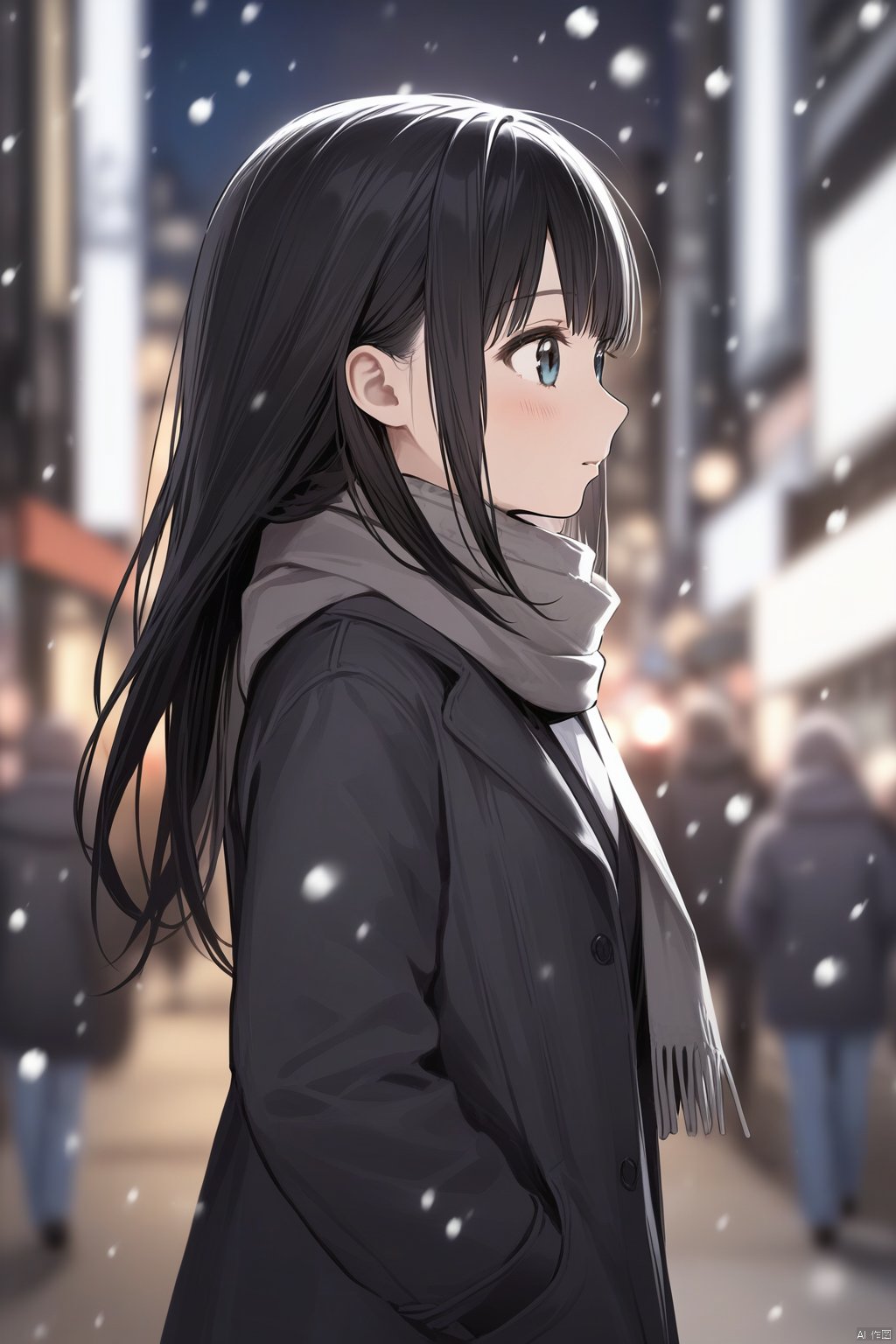 masterpiece,Realism,best quality,1girl, black_coat, black_hair, blurry, blurry_background, blurry_foreground, bokeh, city_lights, coat, depth_of_field, from_side, jacket, lens_flare, long_hair, long_sleeves, looking_away, motion_blur, outdoors, scarf, snow, snowing, solo, upper_body