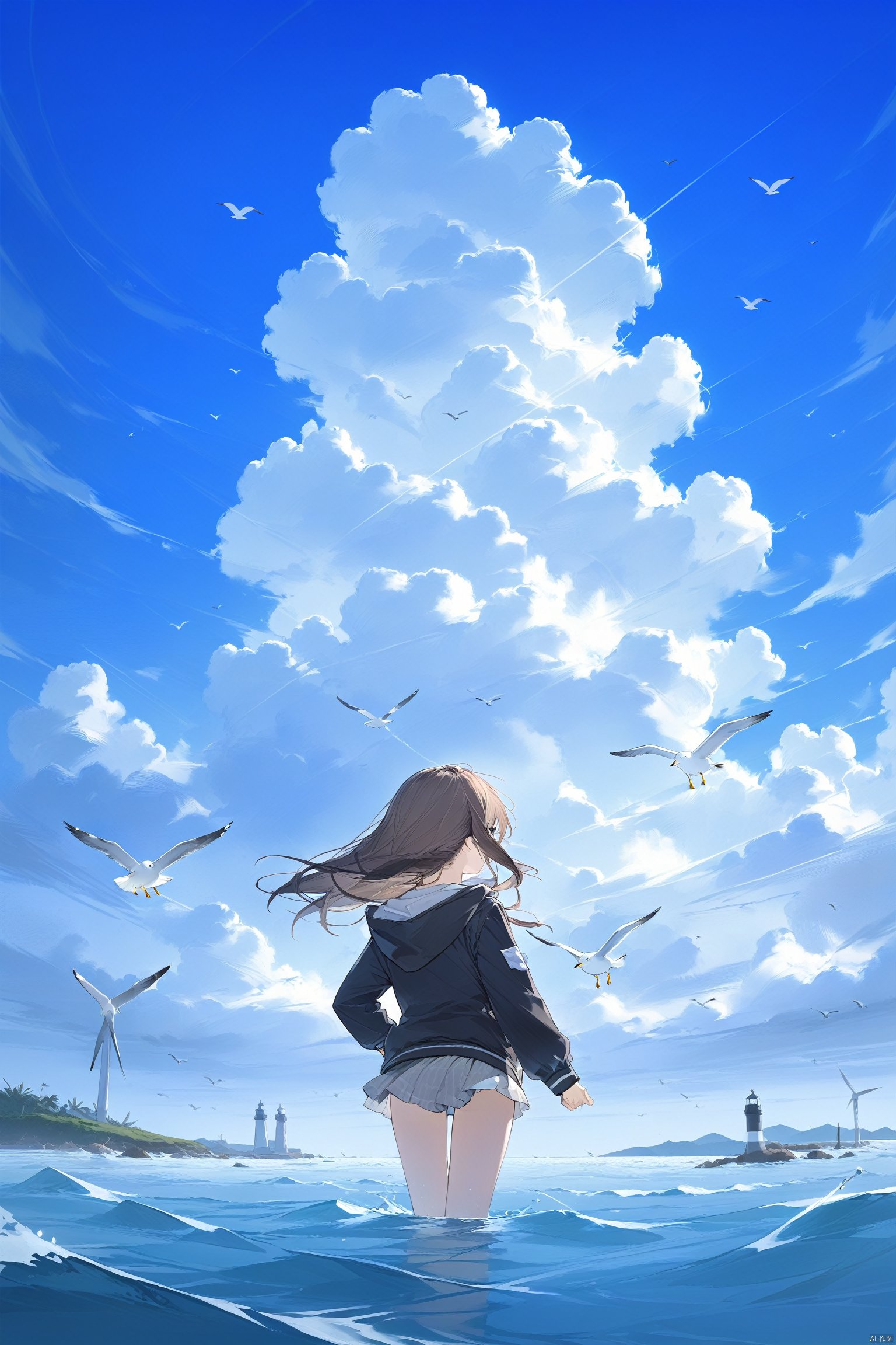 (masterpiece),(best quality),petite,loli,1girl, bird, solo, long_hair, sky, cloud, seagull, outdoors, ocean, horizon, from_behind, day, hood, black_hair, hood_down, blue_sky, white_bird, facing_away, brown_hair, wind, water, cloudy_sky, long_sleeves