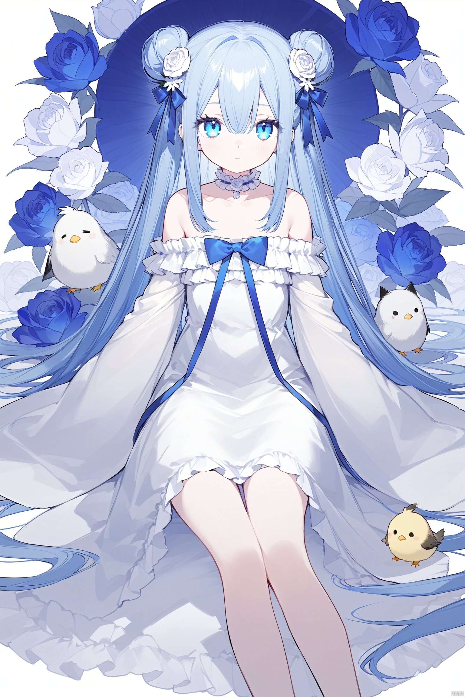 1girl, animal, bangs, bare_shoulders, bird, blue_bow, blue_eyes, blue_flower, blue_ribbon, blue_rose, bow, choker, closed_mouth, collarbone, double_bun, dress, eyebrows_visible_through_hair, flower, frills, hair_between_eyes, hair_flower, hair_ornament, long_hair, long_sleeves, looking_at_viewer, off-shoulder_dress, off_shoulder, ribbon, rose, sitting, sleeves_past_wrists, solo, very_long_hair, white_dress, white_flower, white_rose, wide_sleeves