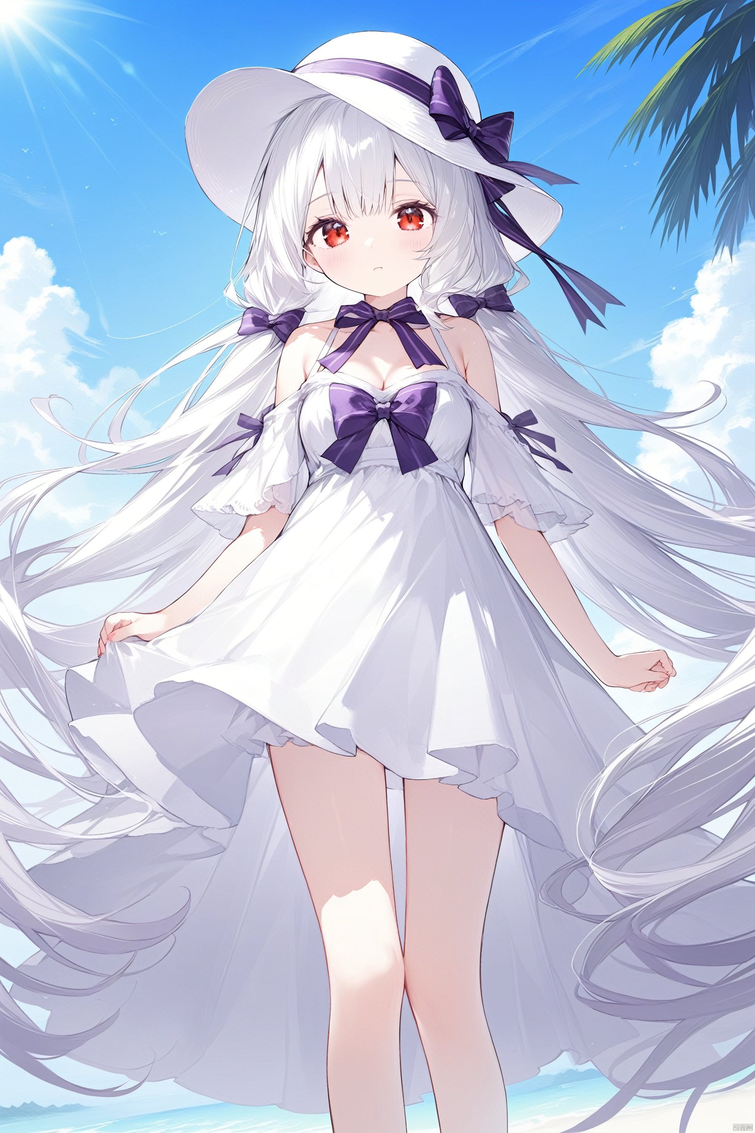 1girl, solo, long_hair, dress, white_dress, red_eyes, hat, bow, white_hair, breasts, ribbon, looking_at_viewer, cleavage, white_headwear, sun_hat, black_bow, day, purple_bow, standing, outdoors, very_long_hair, feet_out_of_frame, bare_shoulders