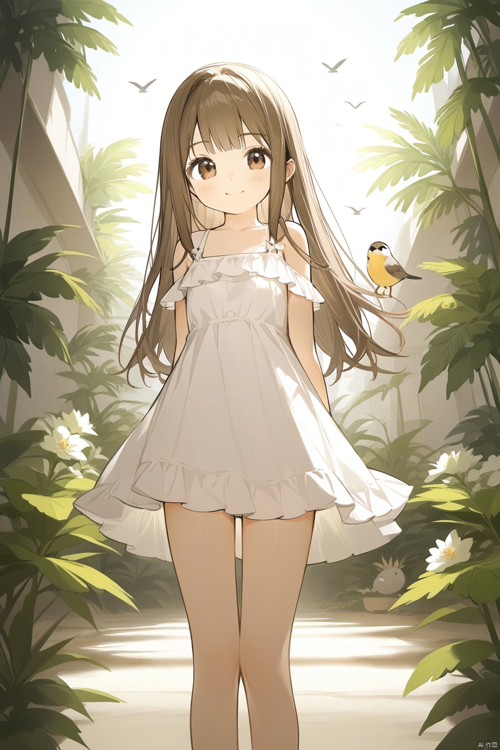 best quality, amazing quality, very aesthetic,1girl, dress, long hair, bird, white dress, brown hair, solo, outdoors, brown eyes, sleeveless, looking at viewer, arms behind back, sleeveless dress, bangs, standing, plant, sundress, smile, flower, closed mouth, sunlight, bare shoulders