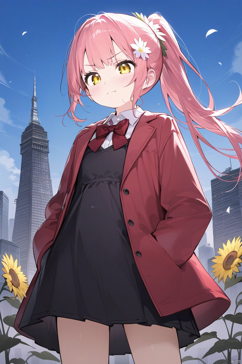 (masterpiece),(best quality),(loli：1.2),(petite:1.2),long hair,Pink hair,Yellow eyes, (red Jacket),high ponytail,white collared shirt,hair flower,fipped hair,floating hair,Frown,hands in pockets,black dress,red bowtie,(solo),sky, skyline, skyscraper, smile, solo, sunflower, tower, upper_body,white flower