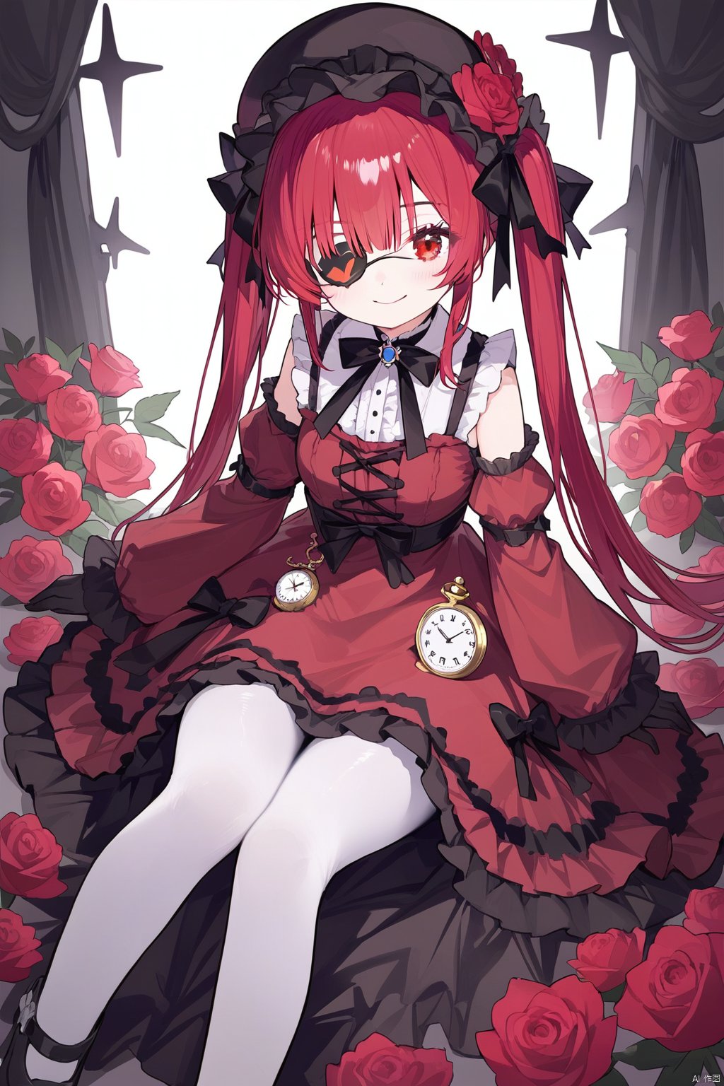 petite,loli,1girl, solo, eyepatch, virtual_youtuber, red_eyes, red_hair, houshou_marine, gloves, twintails, long_hair, breasts, smile, hat, looking_at_viewer, black_gloves, dress, detached_sleeves, sitting, ribbon, large_breasts, bangs, hair_ribbon, flower, pocket_watch, red_dress, watch, pantyhose, lolita_fashion, black_ribbon, black_footwear, white_pantyhose, closed_mouth, frills, gothic_lolita, rose, bow, long_sleeves, red_sleeves, red_flower