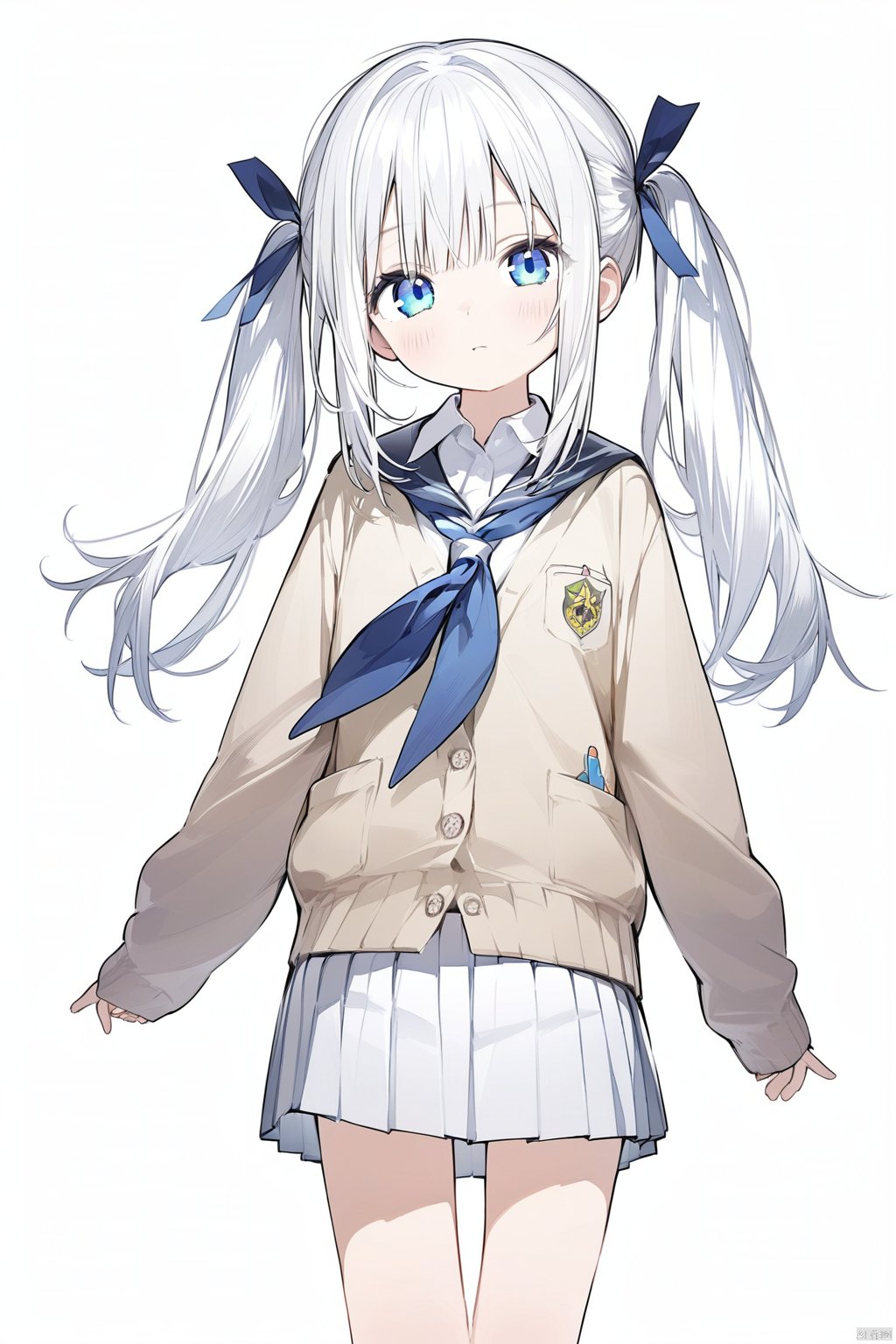 1girl, solo, skirt, blue_eyes, looking_at_viewer, blush, school_uniform, twintails, white_background, shirt, simple_background, pleated_skirt, bangs, white_skirt, long_sleeves, neckerchief, white_hair, blue_neckerchief, white_shirt, closed_mouth, ribbon, collared_shirt, hair_ribbon, cardigan, long_hair