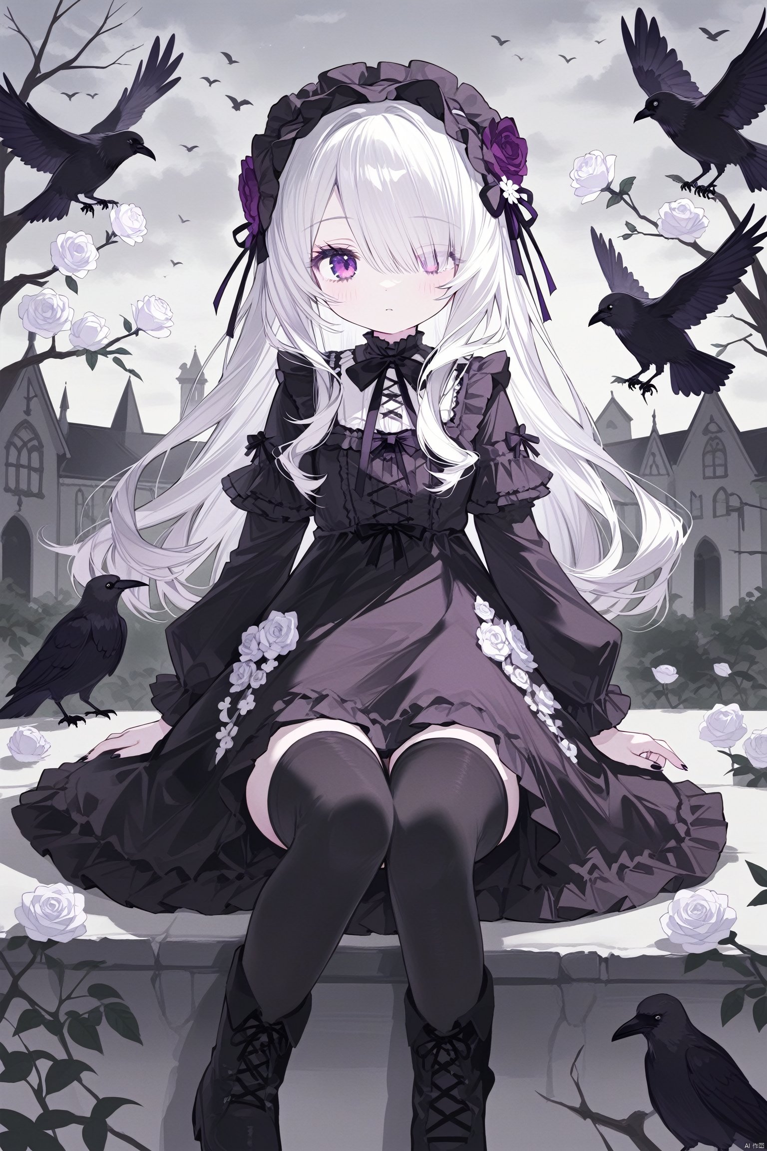 1girl, crow, flower, bird, hair_flower, hair_ornament, sitting, solo, long_hair, white_flower, bird_on_hand, dress, thighhighs, purple_eyes, white_hair, black_dress, tree, hair_over_one_eye, gothic, grey_sky, lolita_fashion, boots, gothic_lolita, outdoors, rose, long_sleeves, white_rose