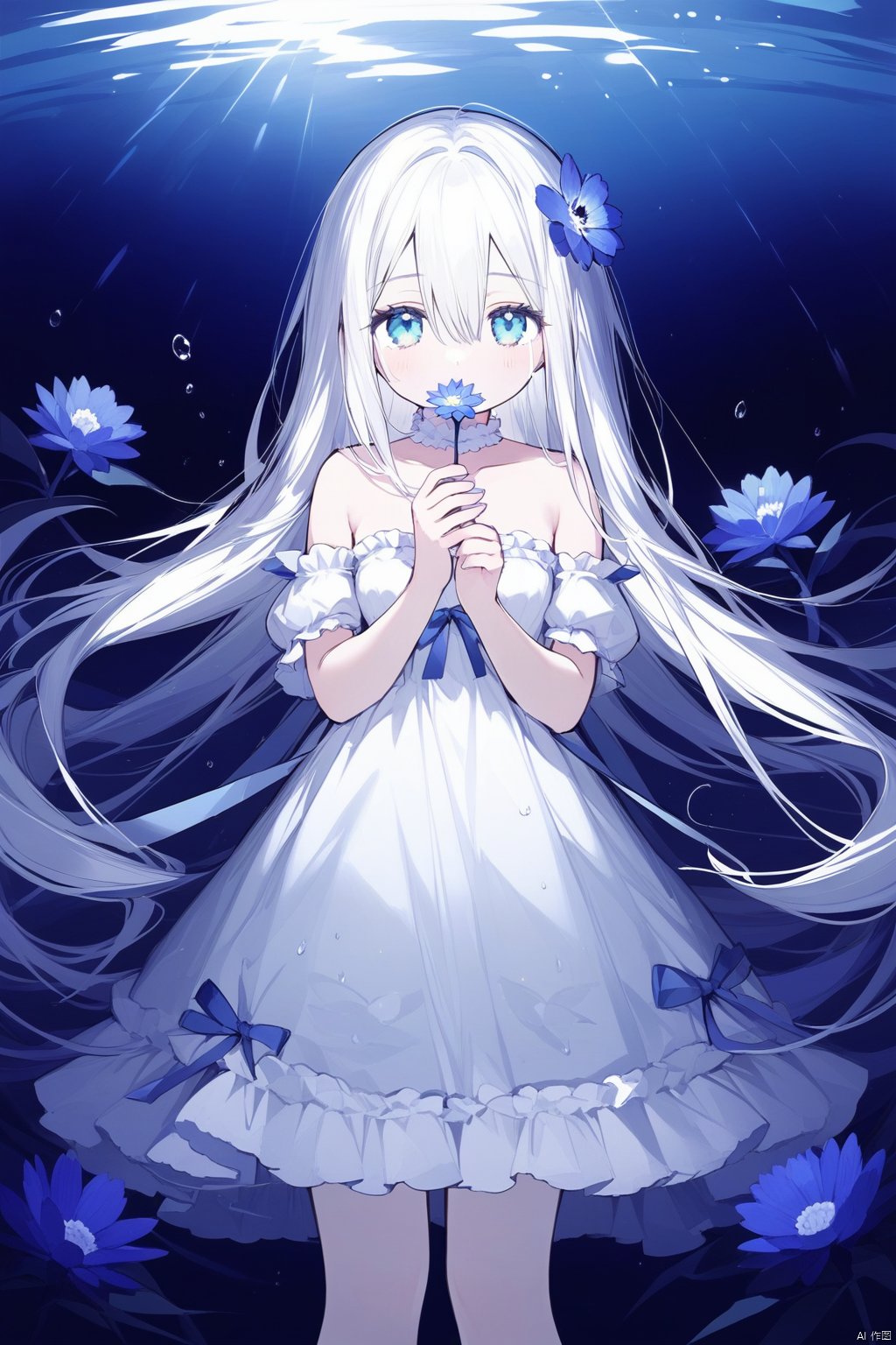 1girl, solo, dress, long_hair, white_dress, flower, bare_shoulders, looking_at_viewer, blue_eyes, blue_flower, short_sleeves, bangs, holding_flower, holding, strapless_dress, water, breasts, hands_up, very_long_hair, hair_between_eyes, frilled_dress, strapless, white_hair, frills, detached_sleeves, puffy_sleeves, white_choker, puffy_short_sleeves, choker, covering_mouth, water_drop, collarbone, off_shoulder, off-shoulder_dress